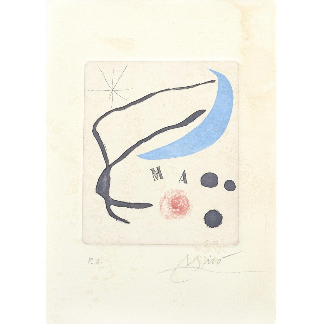 Joan Miro, (1893-1983), color etching and aquatint with: Joan Miro, (1893-1983), color etching and aquatint with drypoint and carborundum,, pencil signed artist proof (P.A.) lower margin. Light brown staining throughout. Provenance: From a private collectio