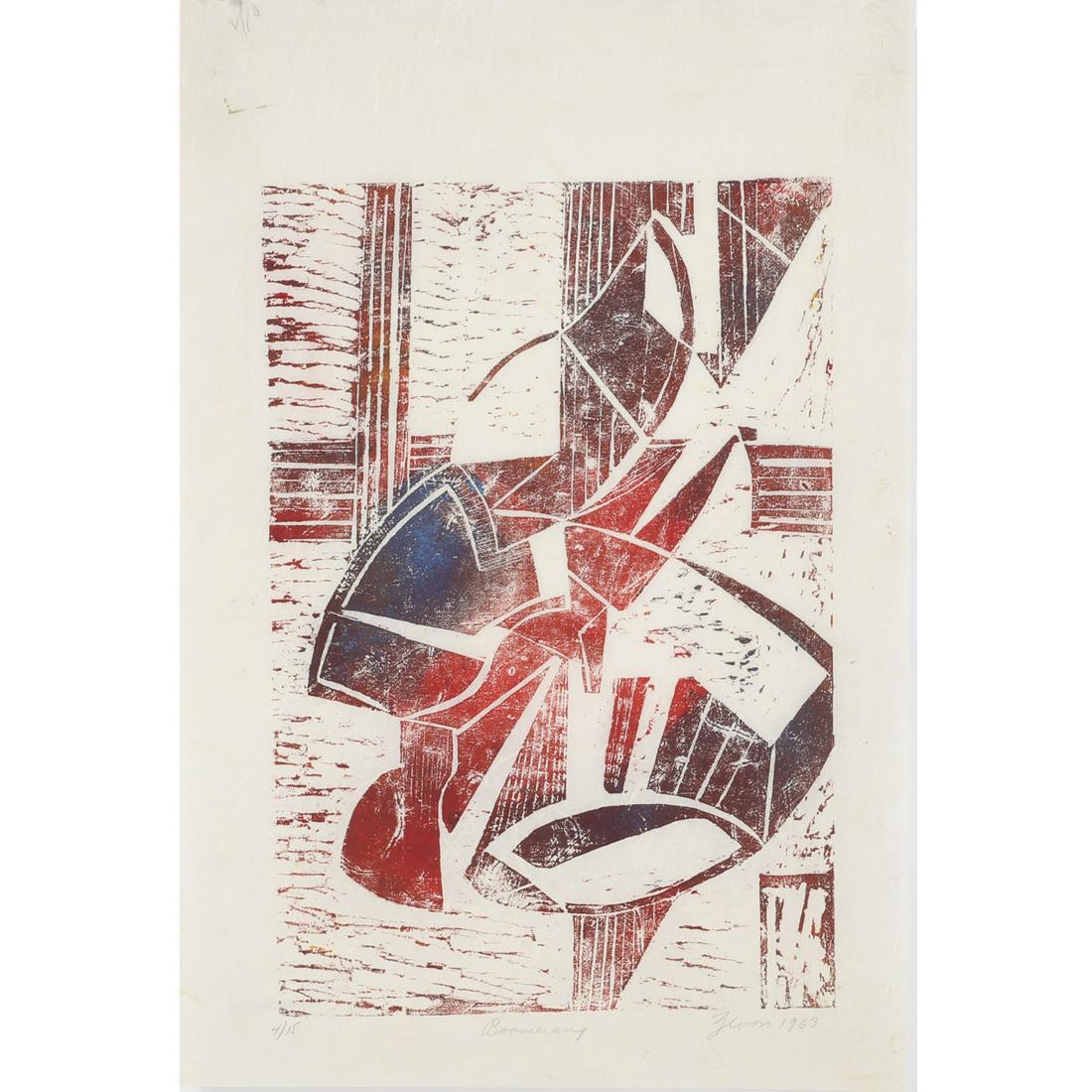 Irene Zevon, New York 1918-2006, Boomerang 1963, color: Irene Zevon, New York, 1918-2006, Boomerang 1963, color woodcut on rice paper, pencil signed and numbered 4/15. Irene Zevon, born in Brooklyn, was the first child in a Ukrainian family of working clas