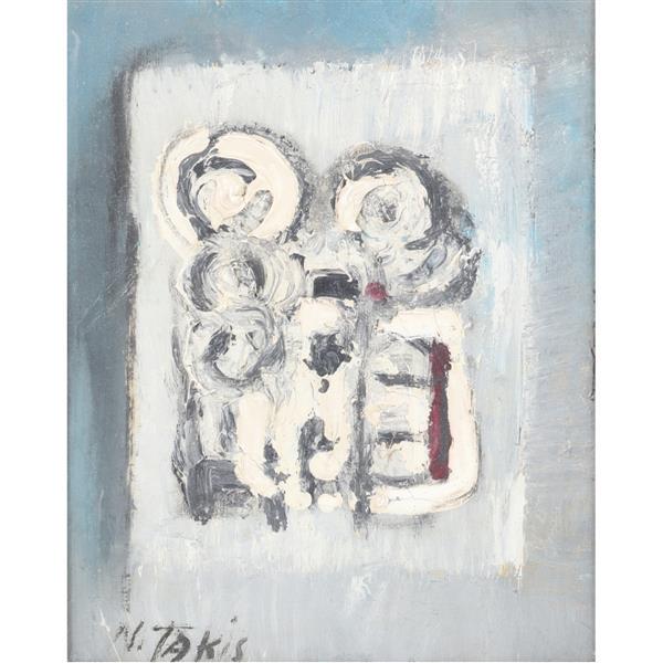 Nicholas Takis, (New York, 1903 - 1965), abstract: Nicholas Takis, (New York, 1903 - 1965), abstract figures, impasto oil on canvas, signed lower left., 9 1/2"H x 7 1/2"W (sight), 12 1/2"H x 10 1/4"W (frame)
