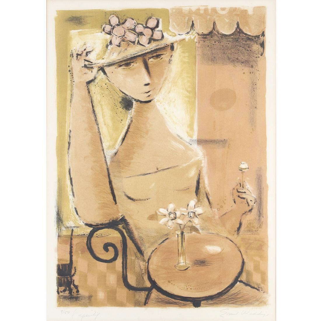 Emil Weddige, (Canadian American, 1907-2001),: Emil Weddige, (Canadian American, 1907-2001), L'aperitif, lithograph, pencil signed, numbered 7/50, and titled lower margin., 24 1/2" H x 17 1/2"W (insert) 31 1/4"Hx 25"W (frame)