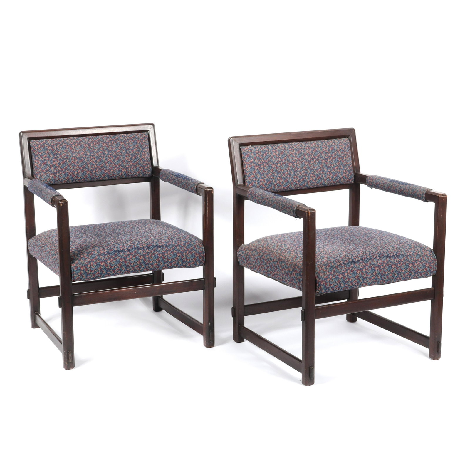Pair Edward Wormley for Dunbar open back dark walnut: Pair Edward Wormley for Dunbar open back dark walnut lounge / club / armchairs with upholstered seat and back and mortise and tenon detail.,
