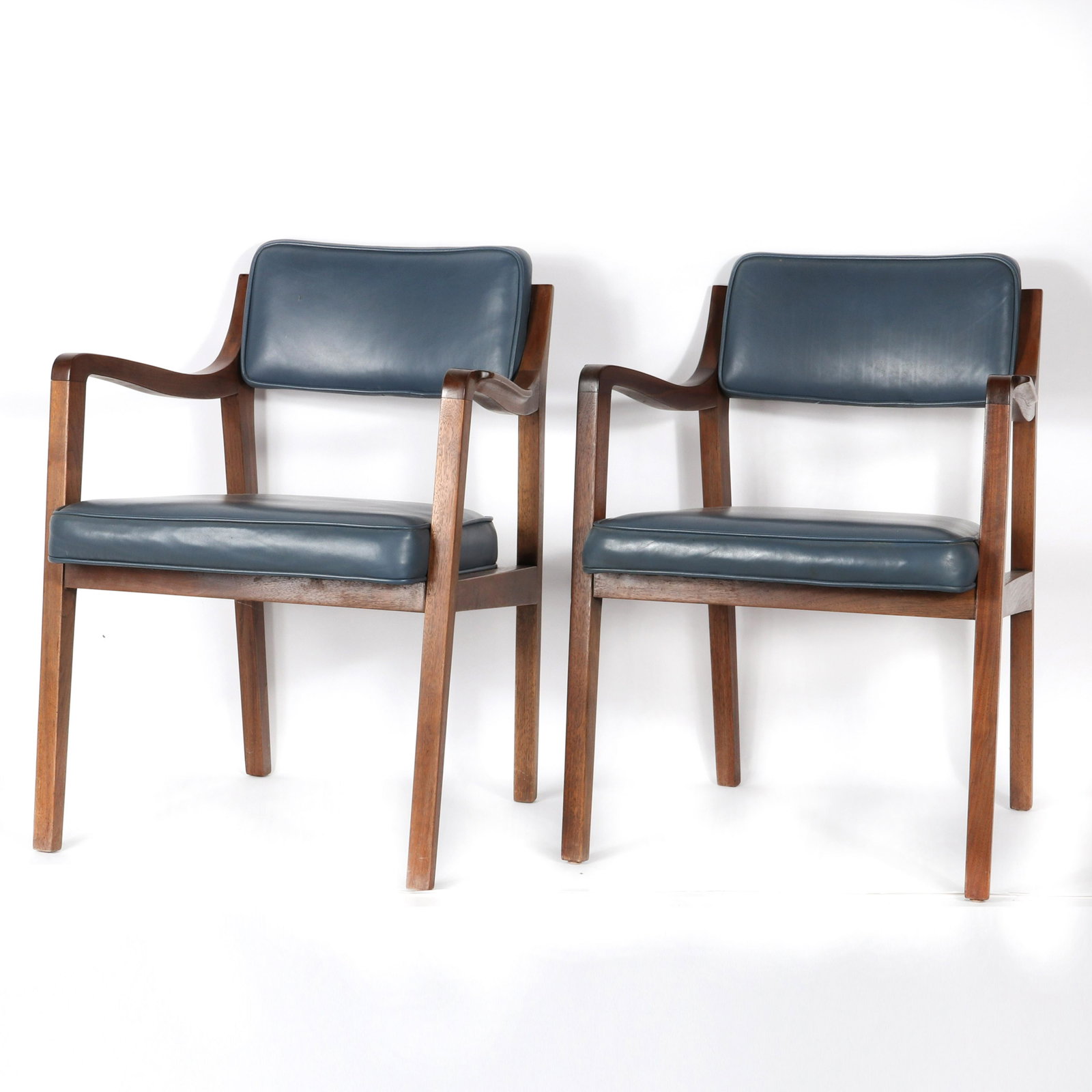 Pair Edward Wormley for Dunbar gray blue leather: Pair Edward Wormley for Dunbar gray blue leather upholstered arm chairs., 30"H x 24"W x 24" (depth)