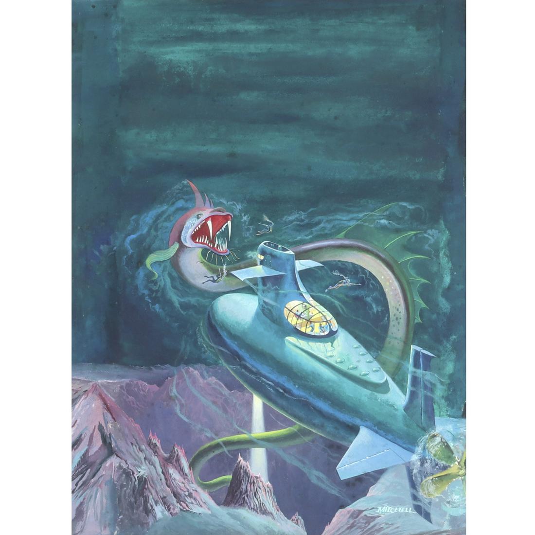 James E. Mitchell, (American, b.1926), Sky Monster,: James E. Mitchell, (American, b.1926), Sky Monster, 1950s science fiction illustration, casein and oil on paper, signed lower right. Biography from the Archives of askART, An illustrator and painter i