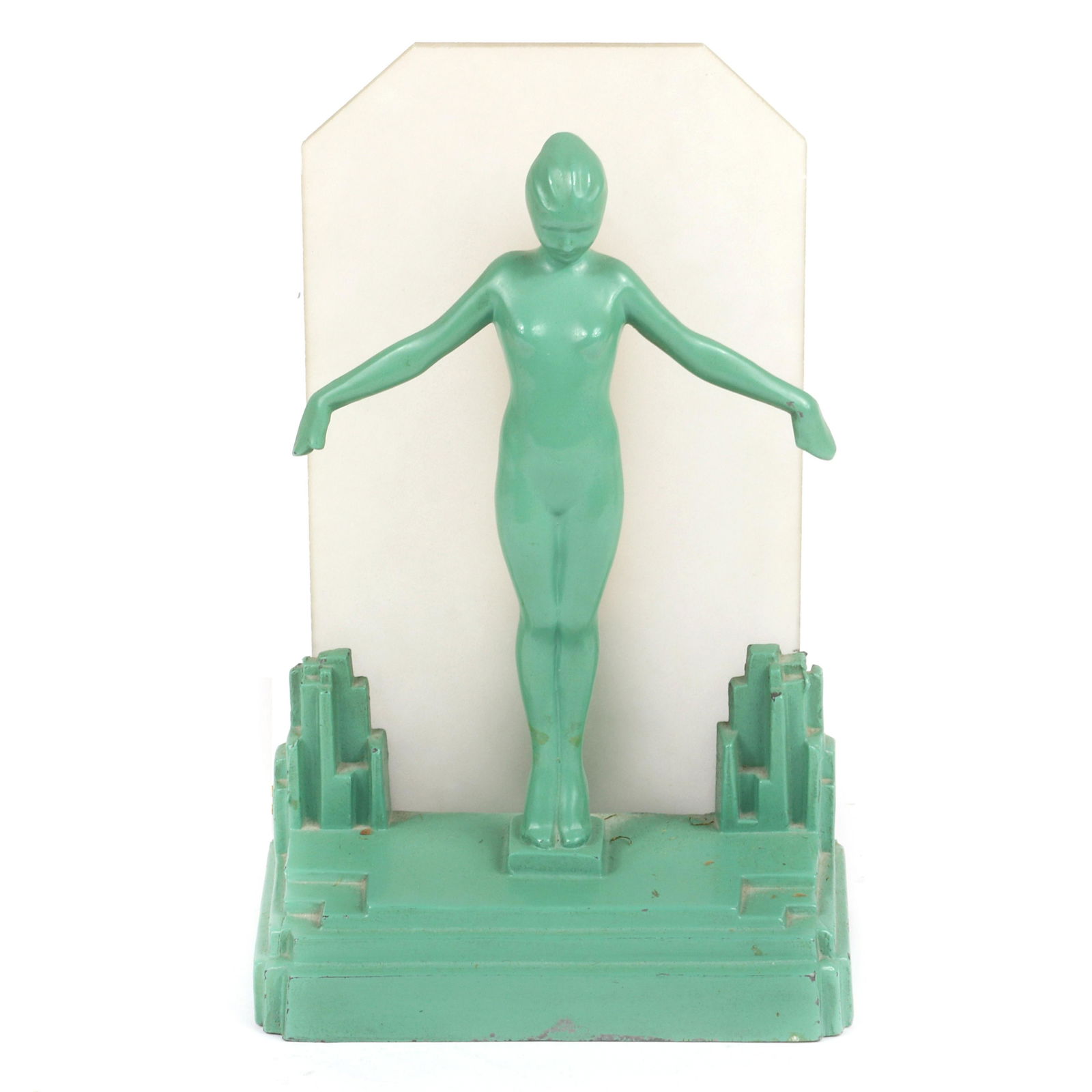 Frankart art deco nude figural table lamp with frosted: Frankart art deco nude figural table lamp with frosted glass panel shade, original green finish., signed to back of base., 11"H x 6 1/2"W