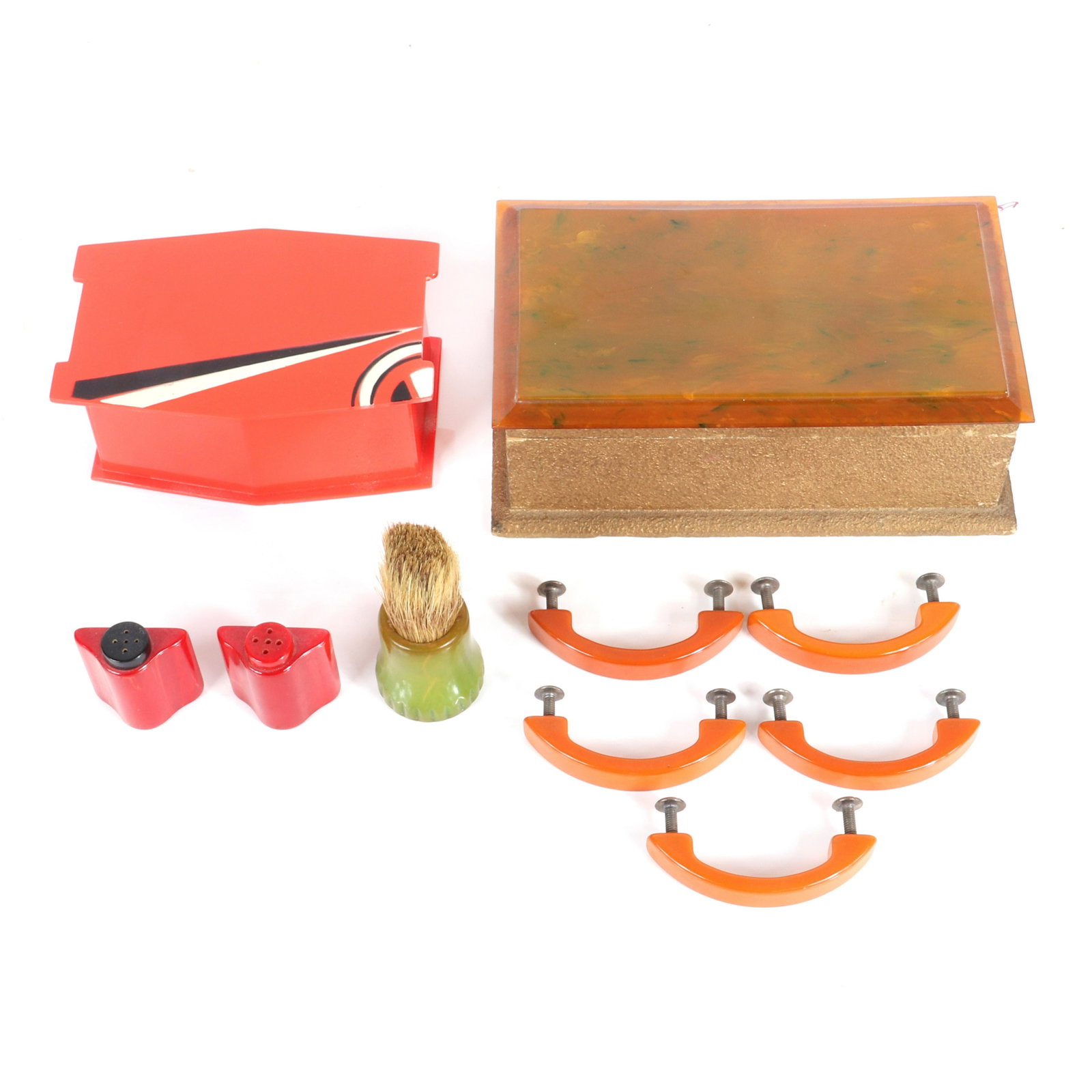 Bakelite and celluloid collection, art deco - 1950s;: Bakelite and celluloid collection, art deco - 1950s; dresser boxes, red salt and pepper, shaving brush, and 5 drawer handle pulls., 2 1/2"H x 4 1/4"W x 7 1/4"D