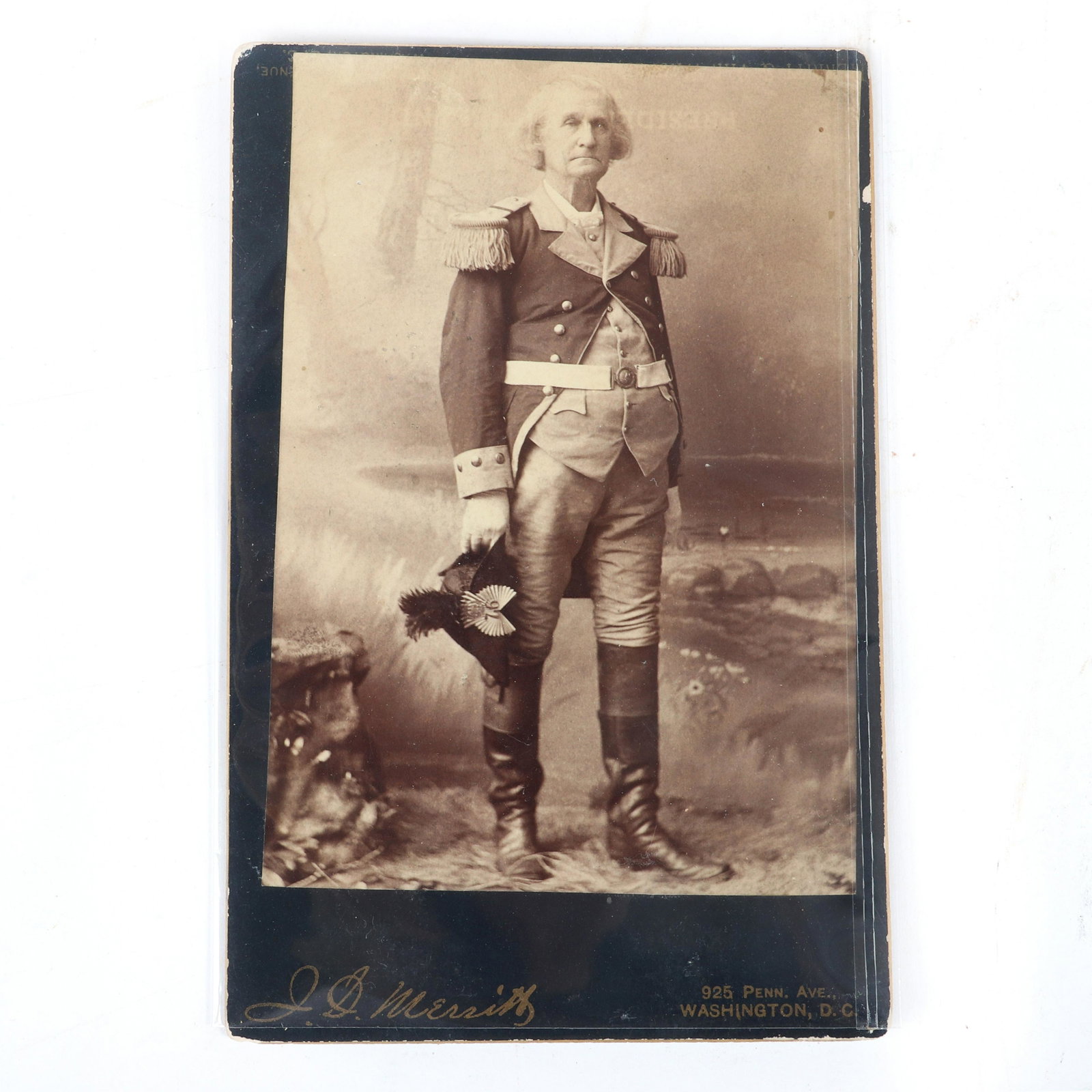 E. B. Ball as George Washington, 1890 cabinet card,: E. B. Ball as George Washington, 1890 cabinet card, photograph and signature, descendant of Washington's family, note on verso "Pension Office, Washington City, I remain with much respect.", 6 1/2"H x