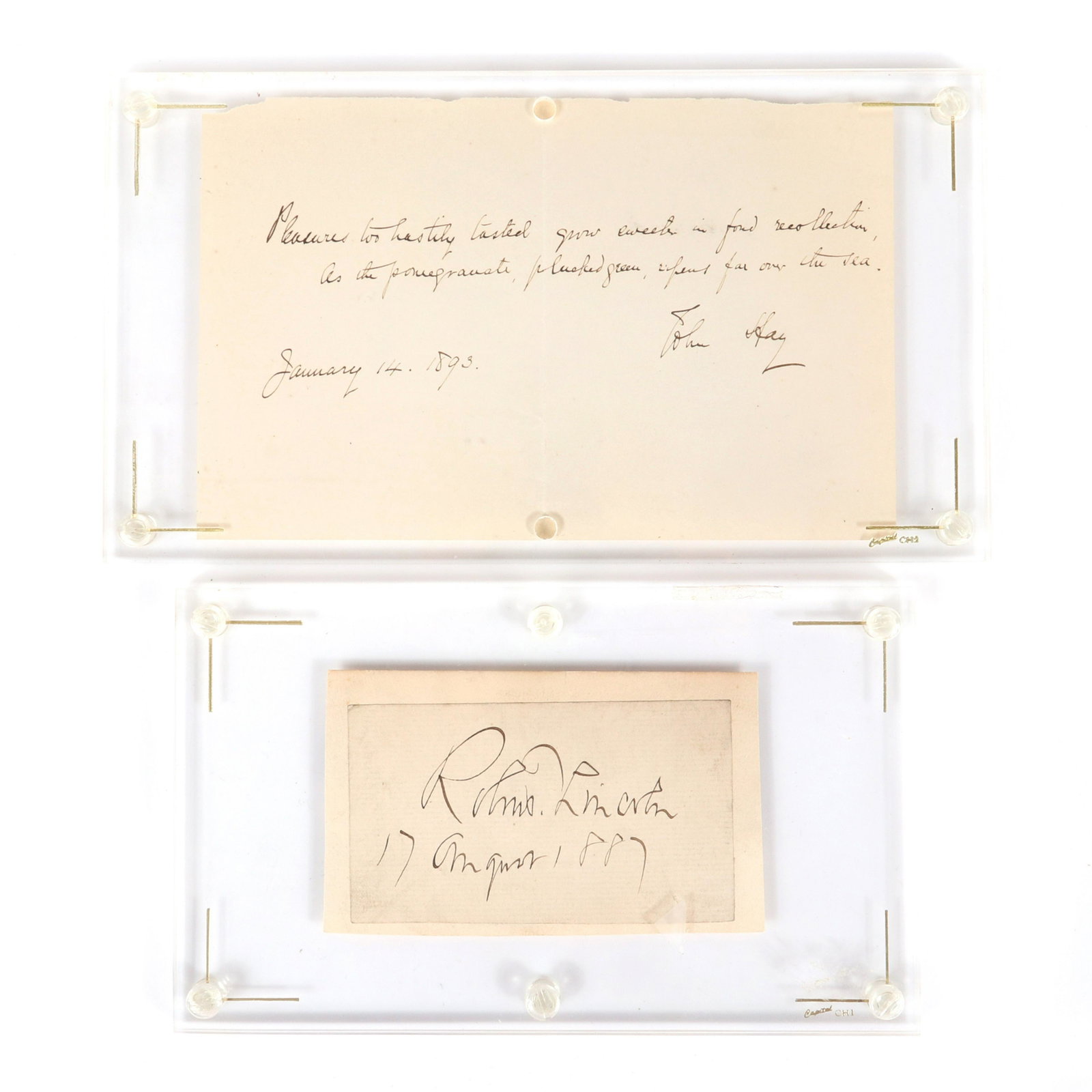 John Hay, Secretary to Abraham Lincoln, hand-written: John Hay, Secretary to Abraham Lincoln, hand-written sentiment, signed and dated January 14, 1893 and signature of Lincoln's son, Robert Todd Lincoln, dated "17 August 1887.", Hay's quote reads "Pleas