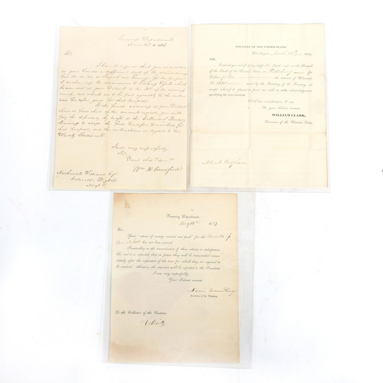 Three early Treasury Dept. signed letters: 1816 William: Three early Treasury Dept. signed letters: 1816 William H. Crawford, Secretary of Treasury under Madison; 1839 Levi Woodbury, Secretary of Treasury & 1829 William Clark, Treasurer., William H. Crawfor