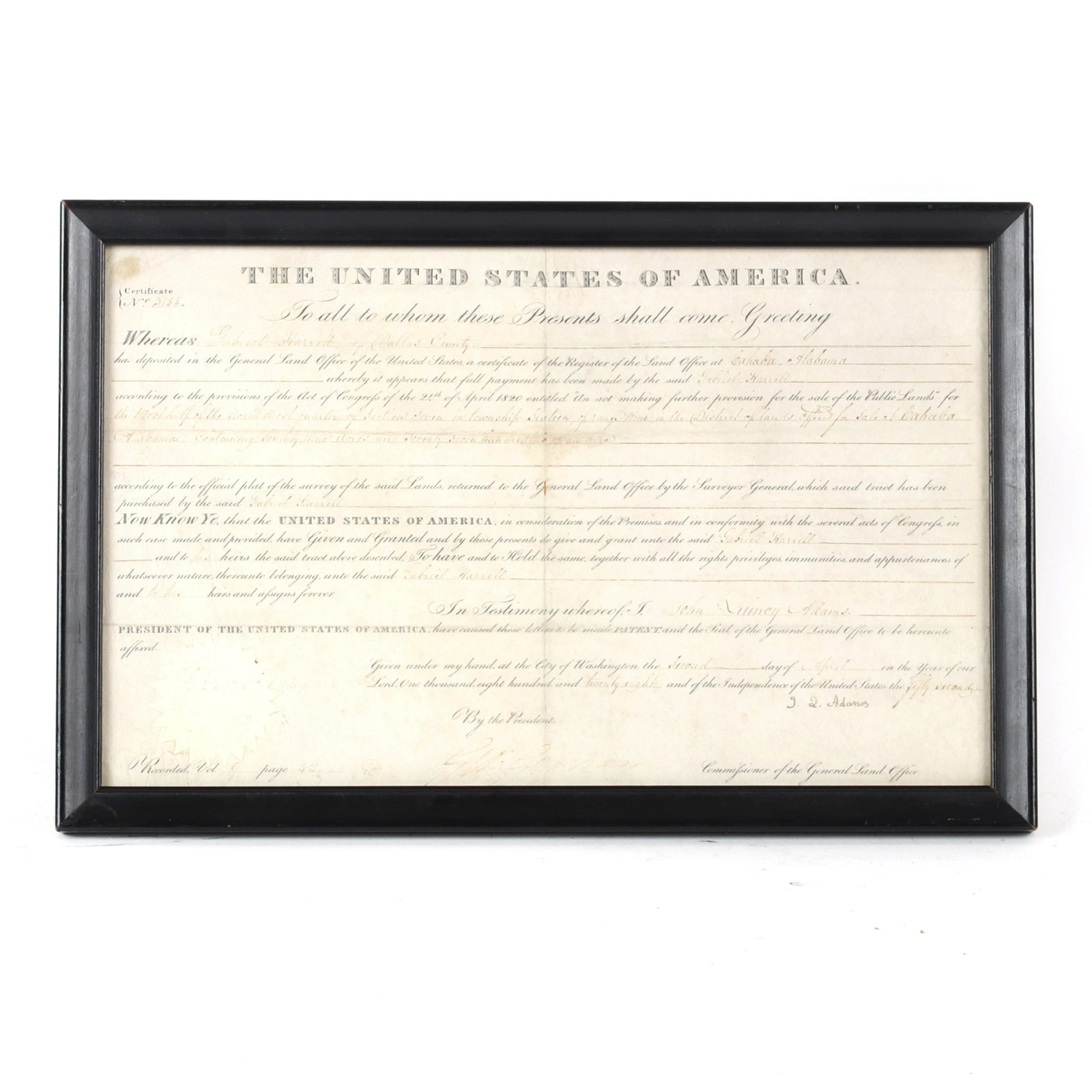 United States 1828 Cahaba, Alabama land grant signed by: United States 1828 Cahaba, Alabama land grant signed by President John Quincy Adams recorded for Gabriel Harrell., GABRIEL HOLMES HARRELL was born in Bertie County North Carolina 12 August, 1778. He d