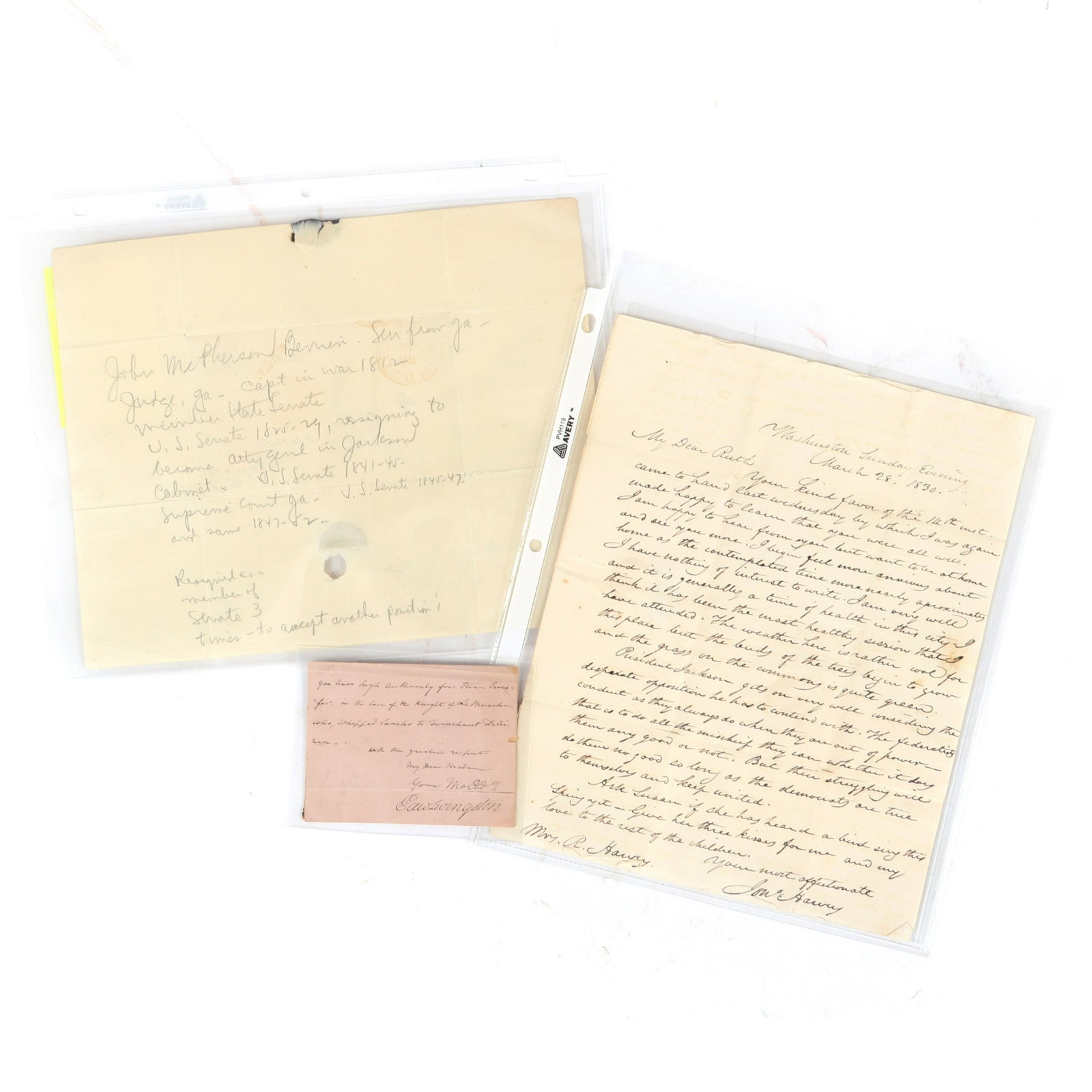 Three Andrew Jackson era political letters &: Three Andrew Jackson era political letters & signatures: 1830 Jon A. Harvey, House of Representatives; envelope from John M. Berrien, Attorney General, signature of Edward Livingston, Jackson's Secret