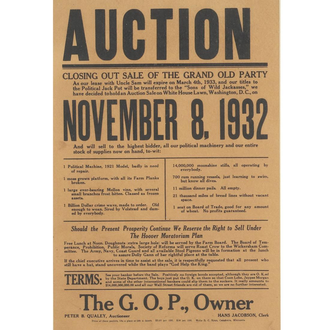 Political Satire broadside presidential campaign poster;: Political Satire broadside presidential campaign poster; 1932 FDR Franklin Roosevelt / Herbert Hoover election: "Auction Closing Out Sale of the Grand Old Party November 8, 1932., 16"H x 11" W (image)