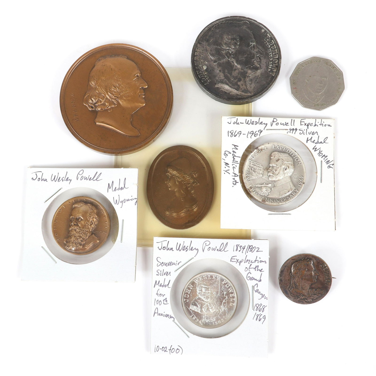 Eight commemorative medals & coins: Schiller Museum: Eight commemorative medals & coins: Schiller Museum Geburshaus brooch; bronze plaquette of lady's bust; John Wesley Powell Exploration of the Grand Canyon & Wyoming, Also includes large Prussian Alexa