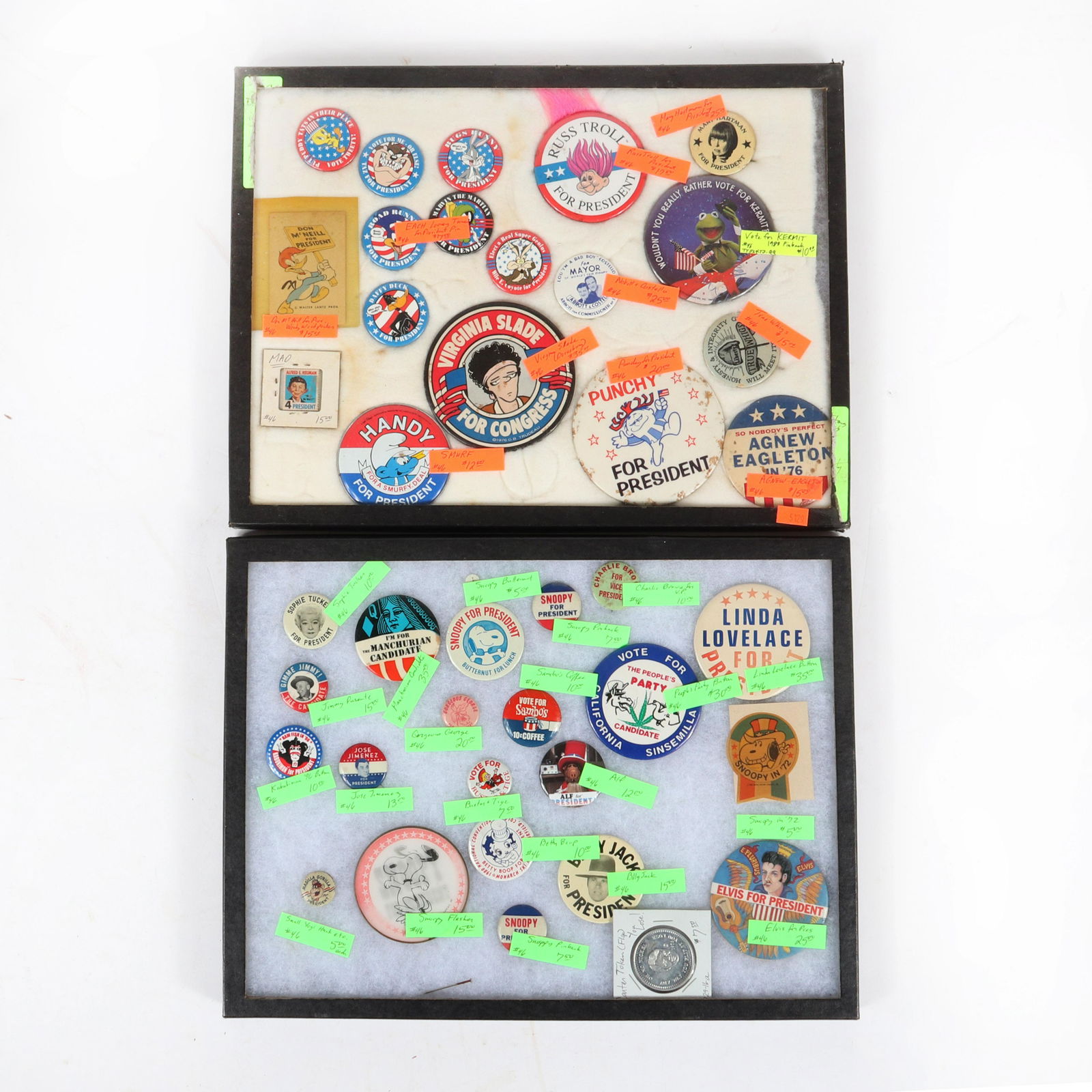 Thirty-nine spoof political "for President/Office": Thirty-nine spoof political "for President/Office" campaign buttons: Kermit the Frog, Mary Hartman, Jimmy Durante, Handy Smurf, Linda Lovelace, Elvis, Betty Boop, Snoopy, Sophie Tucker., Also includes