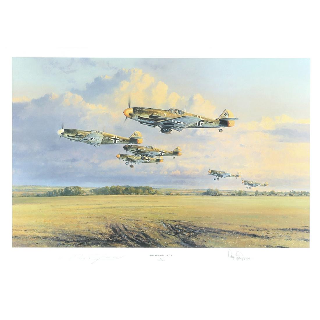 The Abbeville Boys by Robert Taylor, limited edition: The Abbeville Boys by Robert Taylor, limited edition art print, signed by the artist and WWII Lufwaffe ace, Gen. Adolf Galland, numbered 1000/1250., WW2 print signed by Taylor and WW2 Luftwaffe ace Ge