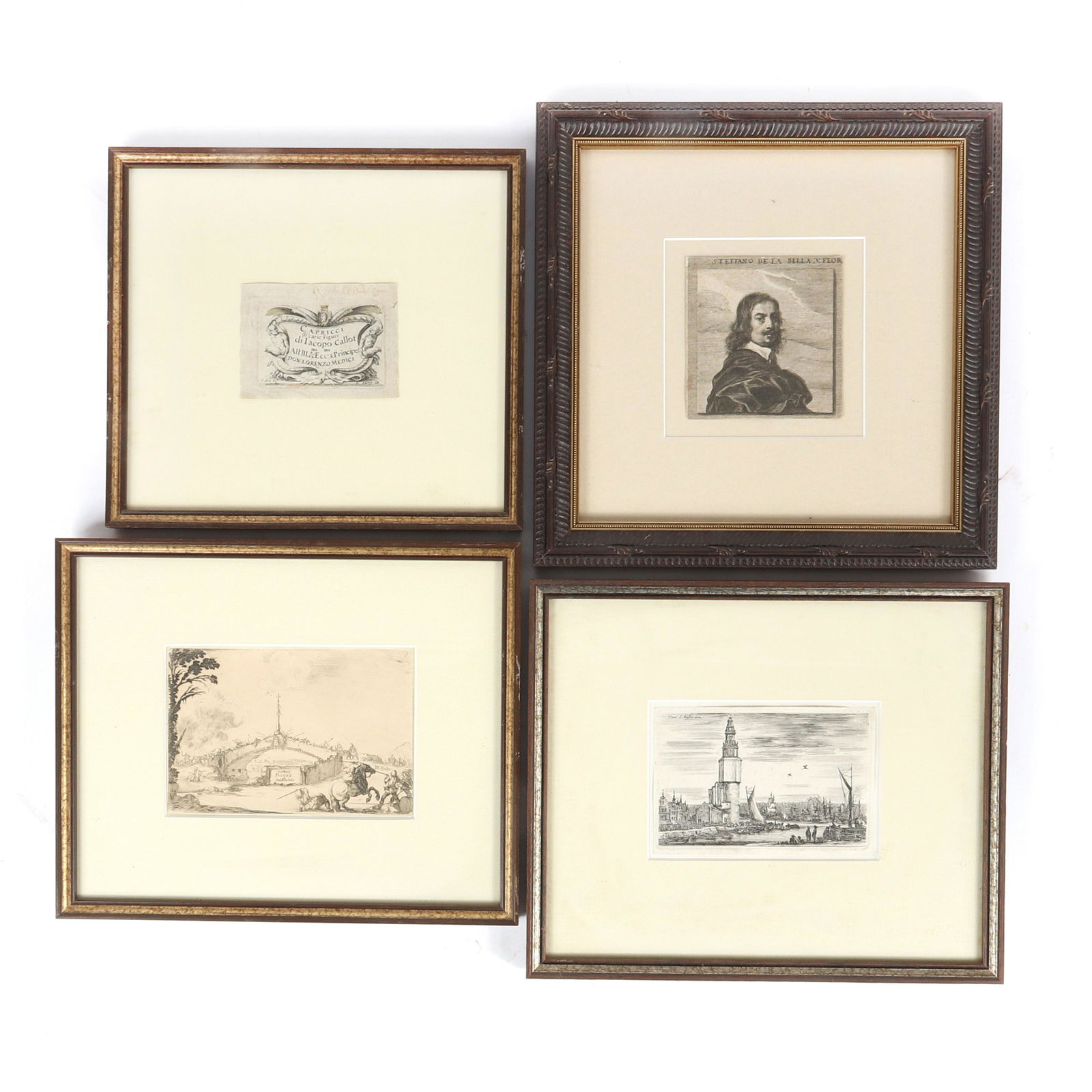 Stefano Della Bella, Italian (1610-1664), Veue: Stefano Della Bella, Italian (1610-1664), Veue d'Amsterdam, Capricci di varie Figure di Iacopp Callot, Varie Figure, self portrait, Four Etchings, 12"H x 12"W (etching), 4"H x 4"W (frame)
