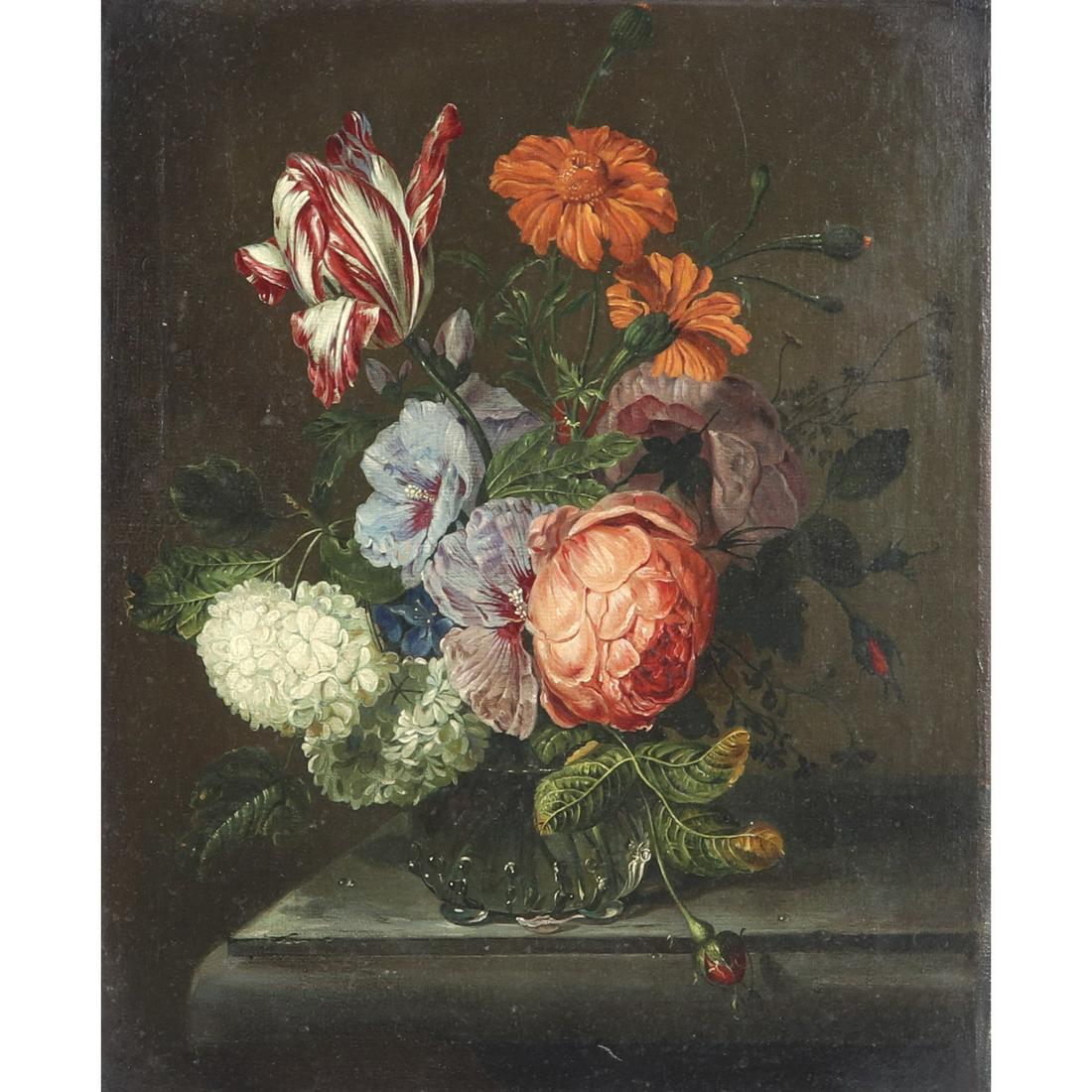 Old Master Dutch School 19th Century floral still life: Old Master Dutch School 19th Century floral still life with roses and tulip, oil on canvas stamped verso, Geo. Rowney & Co. London, ca.1850., Loss and wear to gesso frame. There has been no restoratio