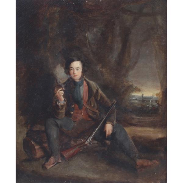 Continental English school 18th Century Rococo portrait: Continental English school 18th Century Rococo portrait of a smoking hunter sportsman with rifle, signed and dated 1787., oil on canvas. Signed lower left, initialed A.M. and dated verso. There is a s