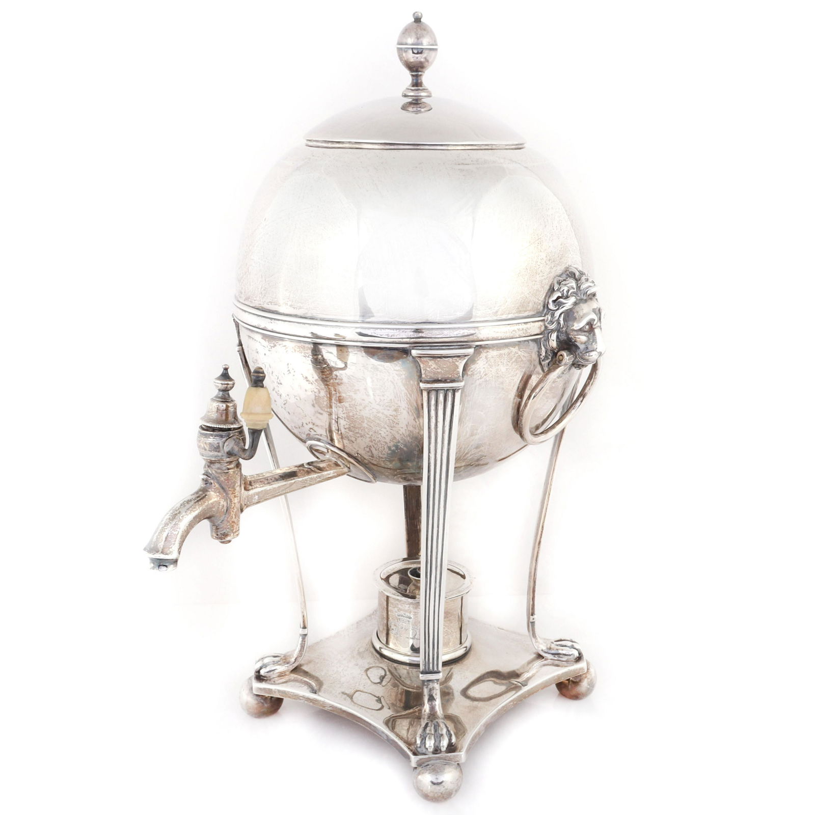 George III Paul Storr, London, Neoclassical sterling: George III Paul Storr, London, Neoclassical sterling silver hot water urn, 1804 hallmark., Reeded legs, paw feet, lion head and ring handle calrved bone handle. Sterling silver burner also with maker'