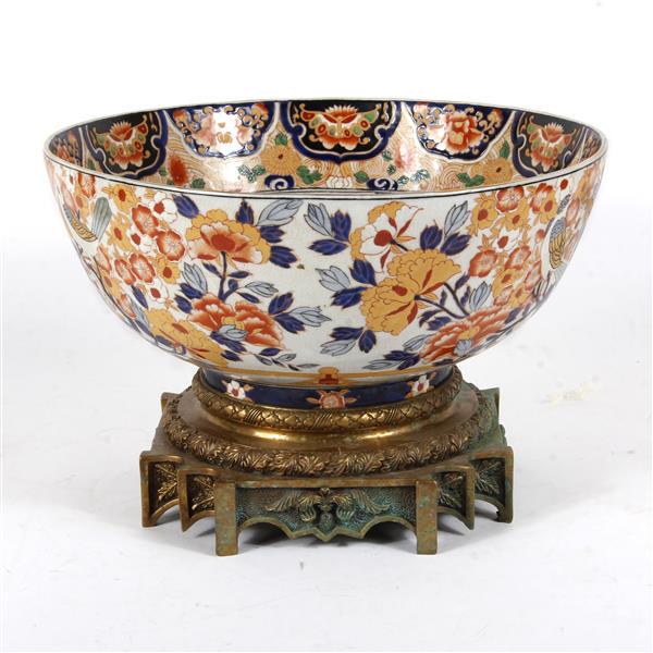 Fine LARGE Chinese Imari porcelain Oriental punch bowl: Fine LARGE Chinese Imari porcelain Oriental punch bowl on bronze ormolu base. Continental / French? hand painted mark., 9 7/8"H x 14 1/2"diam