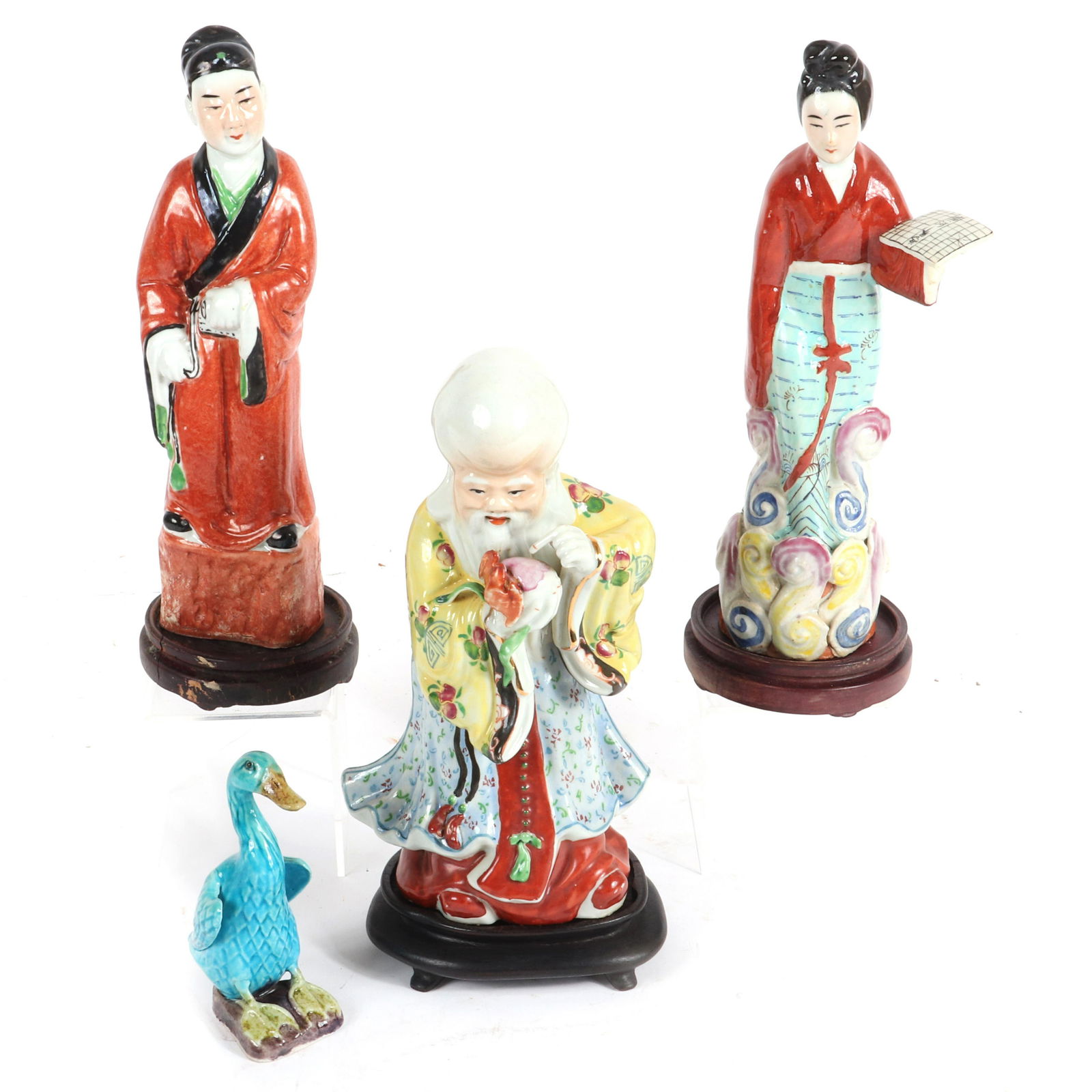 Four Chinese painted porcelain figures: blue goose, one: Four Chinese painted porcelain figures: blue goose, one female and two male statues with wood bases., 10"H (tallest)