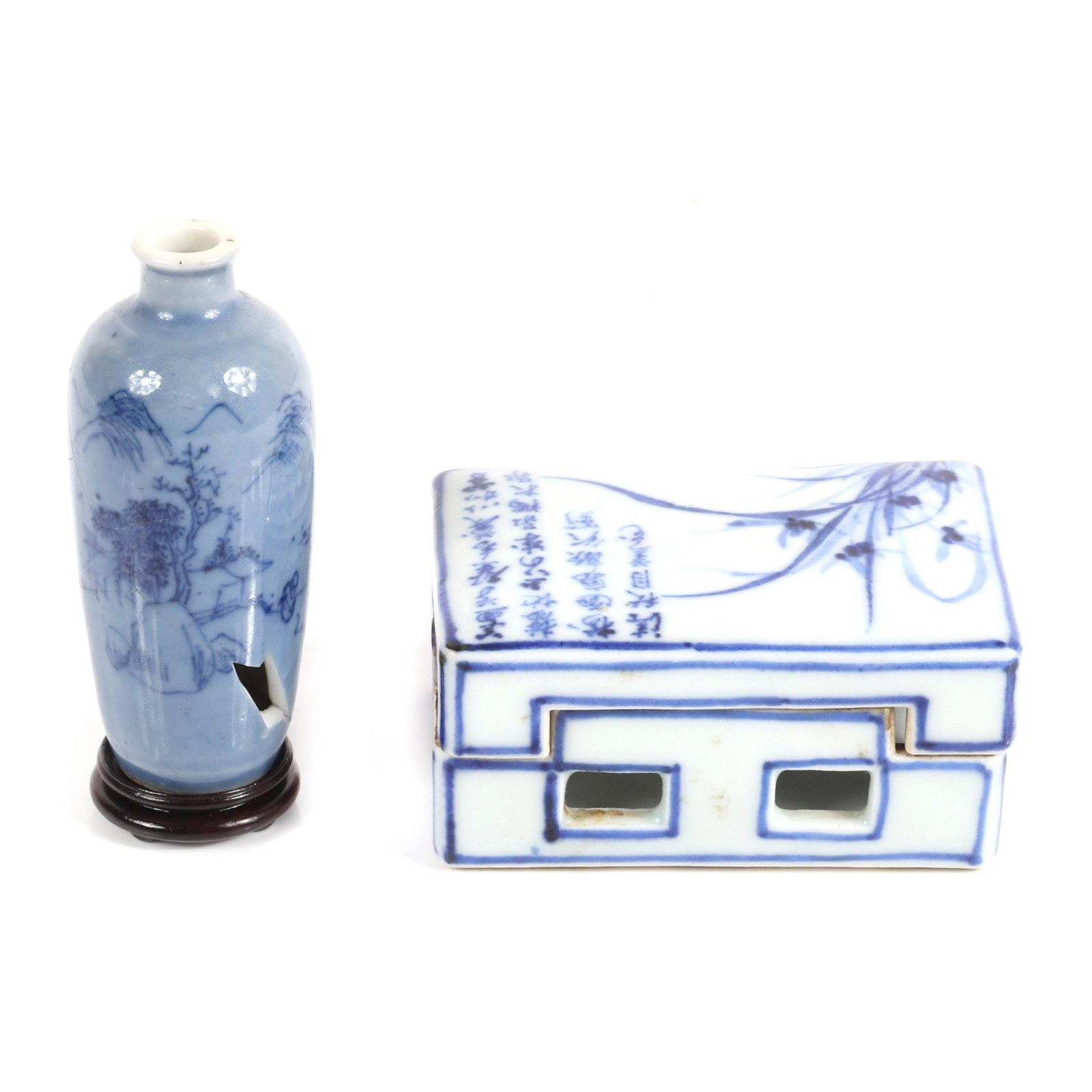 Japanese blue and white rectangular porcelain sensor: Japanese blue and white rectangular porcelain sensor box and miniature blue on blue porcelain vase on wood stand., Box is missing one square piece on the side. Vase has been re-glued and is missing tw