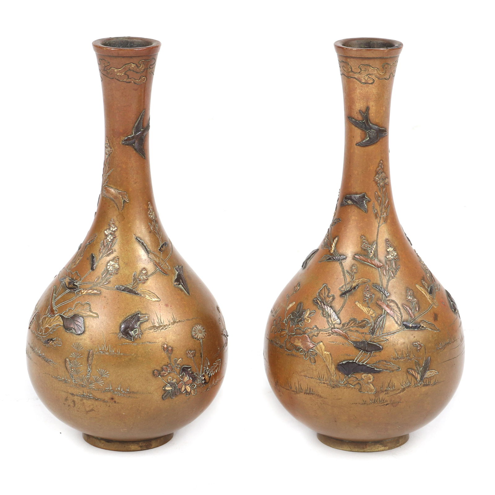 Pair of Japanese bronze Meiji mixed metal cabinet vases: Pair of Japanese bronze Meiji mixed metal cabinet vases etched and inlaid with copper birds, leaves, plants and flowers, signed under base., 7"H x 3"diam (each)