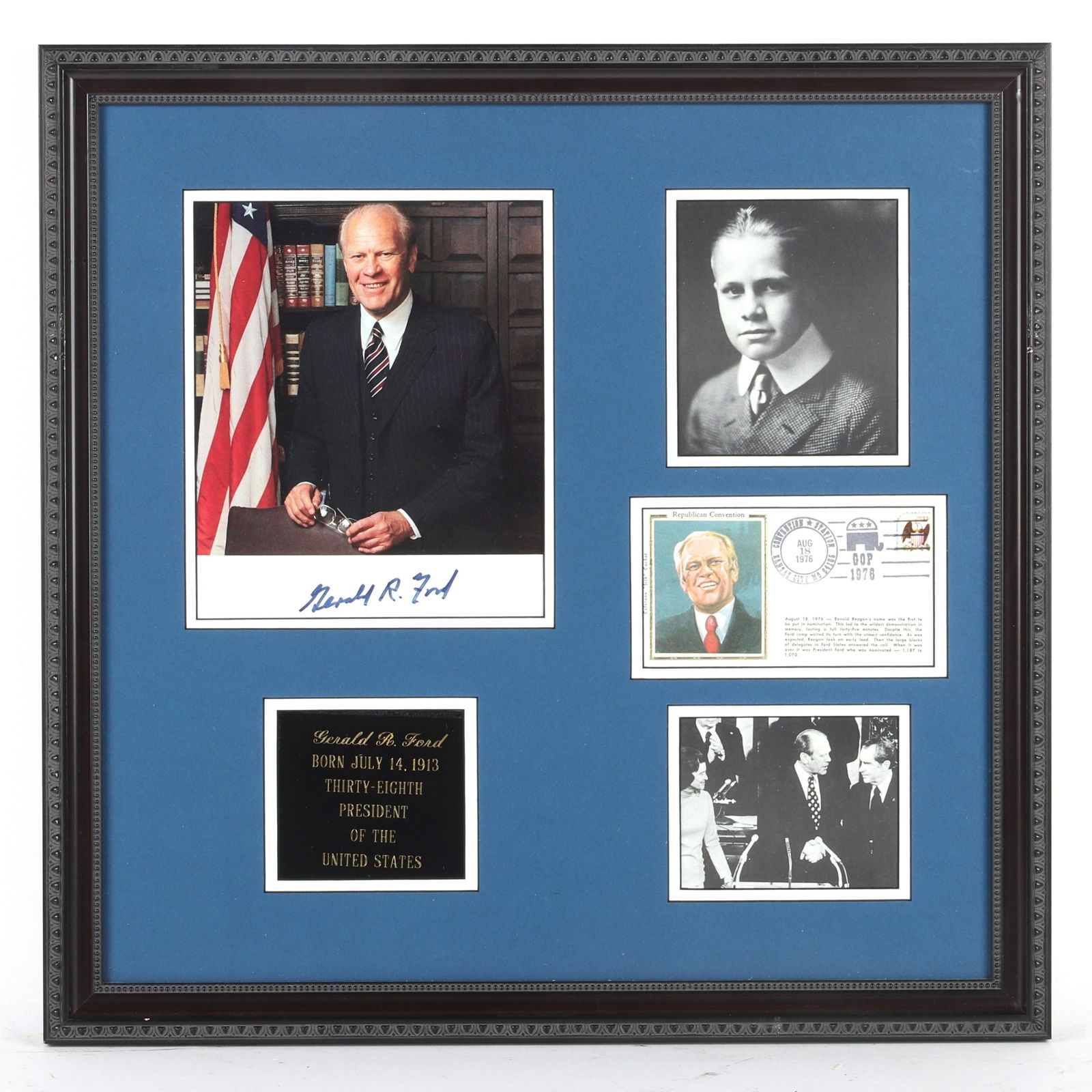 Gerald Ford Autographed & Framed Photo Collage: Gerald Ford Autographed & Framed Photo Collage The framed piece features and autographed 8x10 photo, 2 unsigned smaller photos, a first day cover and engraved plaque. Framed the piece measures 22x22.