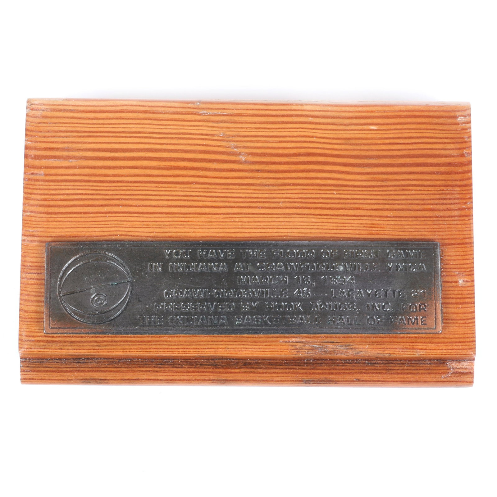 1894 Crawfordsville, Indiana YMCA Floor Piece,: 1894 Piece of Floor from Crawfordsville, Indiana YMCA from the first game played in Indiana.