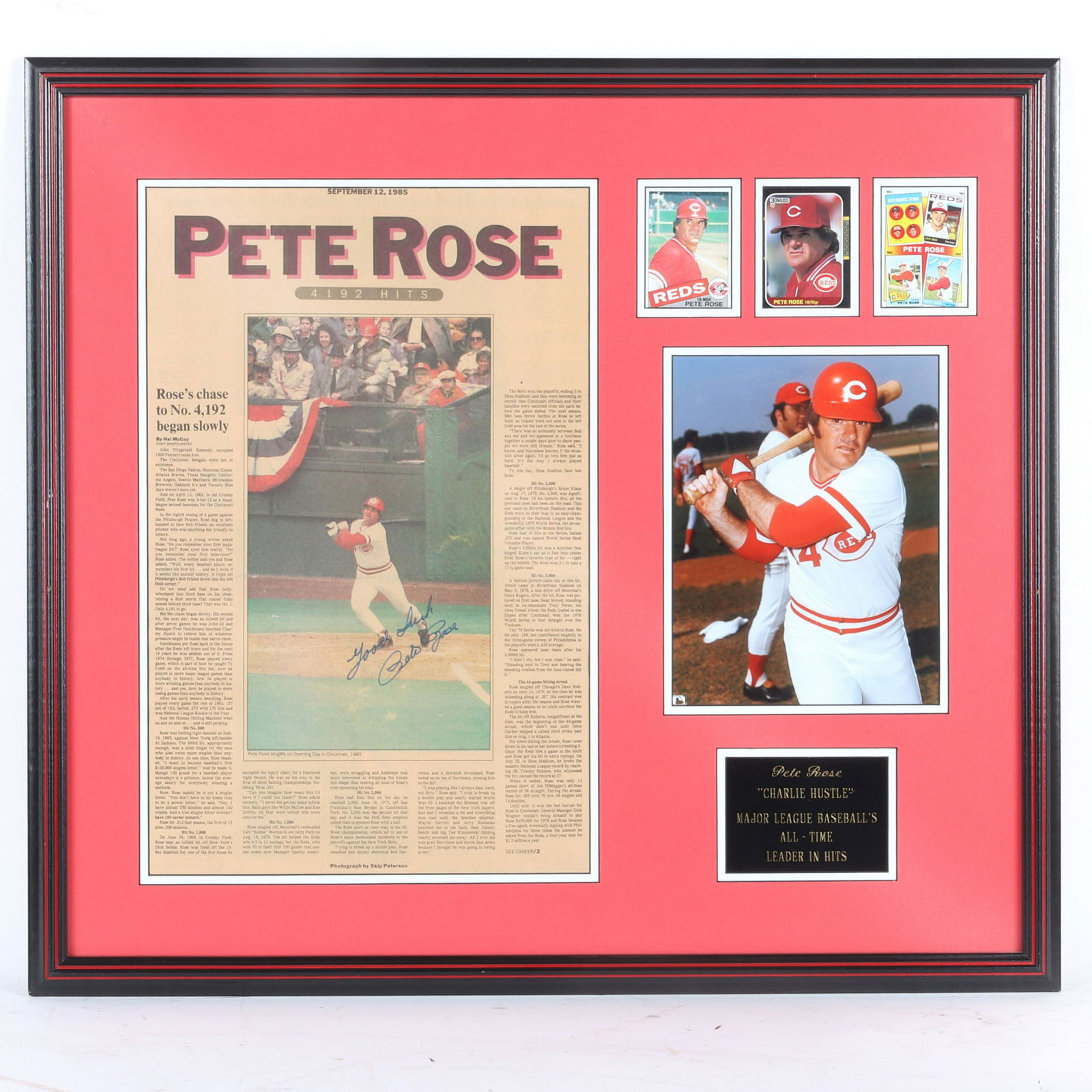 Pete Rose Autographed & Framed Cincinnati Enquirer 4192: Pete Rose Autographed & Framed Cincinnati Enquirer 4192 Hits Collage. The piece has a Cincinnati Enquirer autographed by Pete, 3 trading cards, photo and engraved plate. Framed the piece measures 29x2