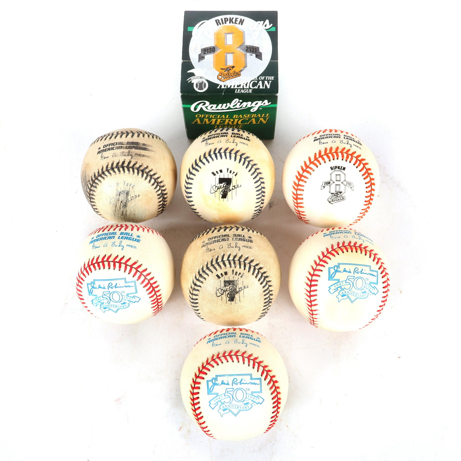 Lot of 8 Logo Baseballs, Robinson, Mantle, Ripken: Lot of 8 logo baseballs, all the baseballs are OAL Budig baseballs and include: 3 Jackie Robinson Logo baseballs, 3 Mickey Mantle Logo baseballs 2 of which are game used. And 2 Cal Ripken Jr. Logo bas
