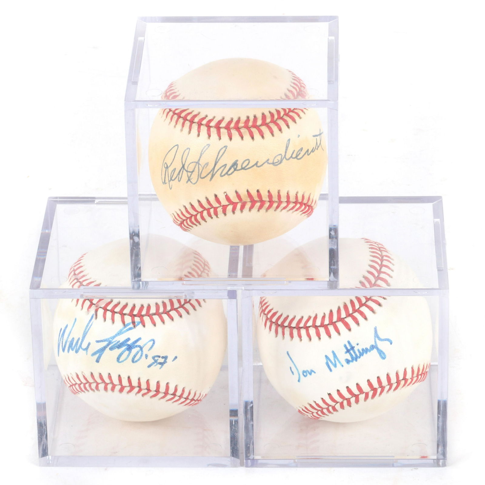 3 Autographed Hall of Famers Baseballs, Mattingly,: 3 autographed Hall of Famers Baseballs. The lot includes Don Mattingly OAL Brown, Wade Boggs, OAL Brown (moderate toning), Red Schoendienst ONL Coleman (heavy toning)