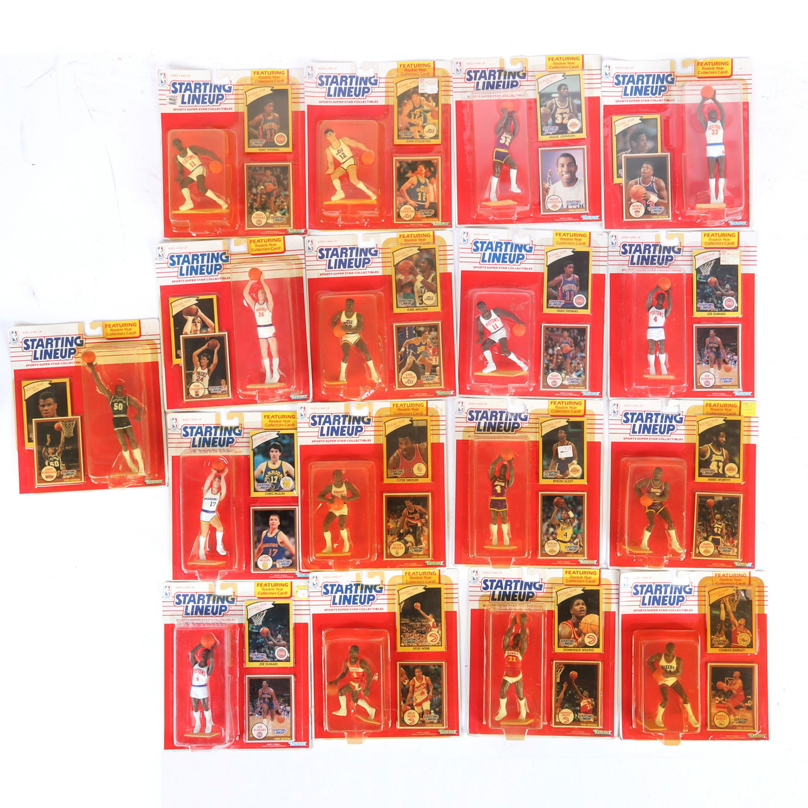 17 - 1990 NBA Starting Lineup Figurines: 17 - 1990 NBA Starting Lineup Figurines, the lot includes: Magic Johnson, Patrick Ewing, David Robinson, Isiah Thomas, John Stockton, Spud Webb, Dominique Wilkins, James Worthy, Byron Scott, Clyde Dre