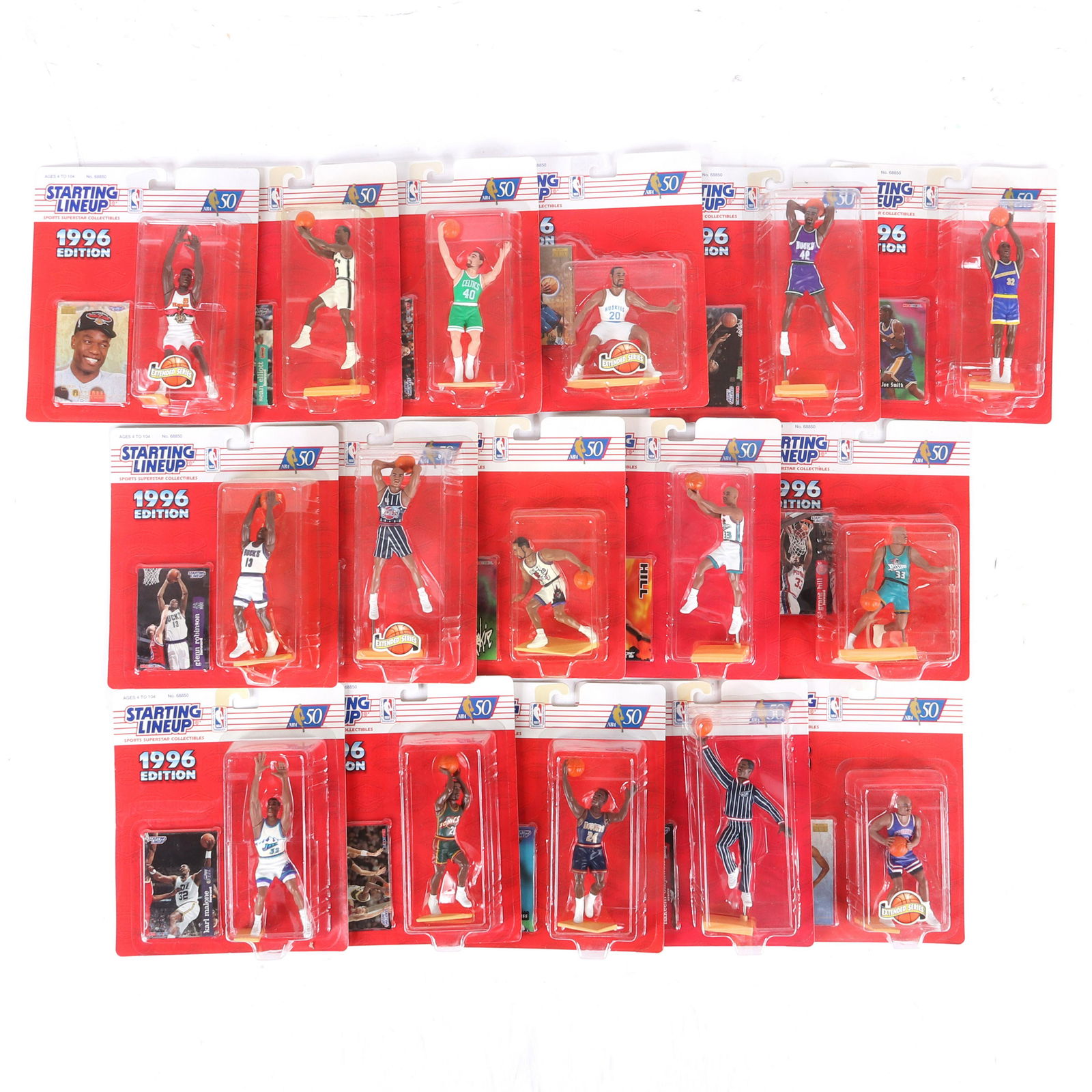 Lot of 16-1996 Starting Lineup NBA Basketball Figurines: Lot of 16-1996 Starting Lineup NBA Basketball Figurines. The lot includes: Sean Elliott, 2-Damon Stoudamire, Dikembe Mutumbo, Dino Radja, Antonio McDyess, Vin Baker, Gary Payton, 3-Grant Hill, Joe Smi