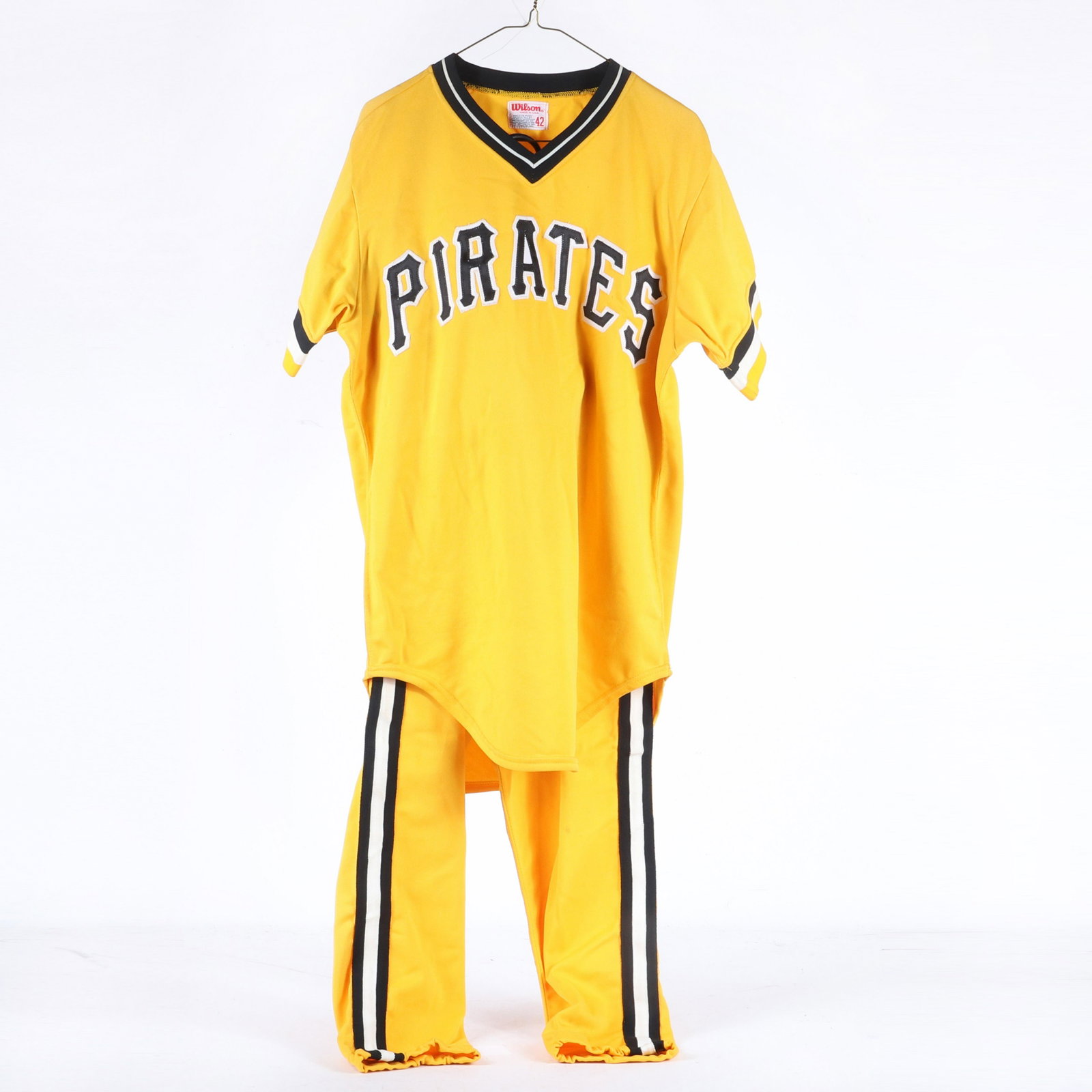 Vintage Pittsburgh Pirates Salesman Sample Uniform: Vintage Pittsburgh Pirates Salesmans Sample Jersey and Pants. The jersey is blank on back. The jersey is a Wilson size 42, the pants are Wilson size 34.