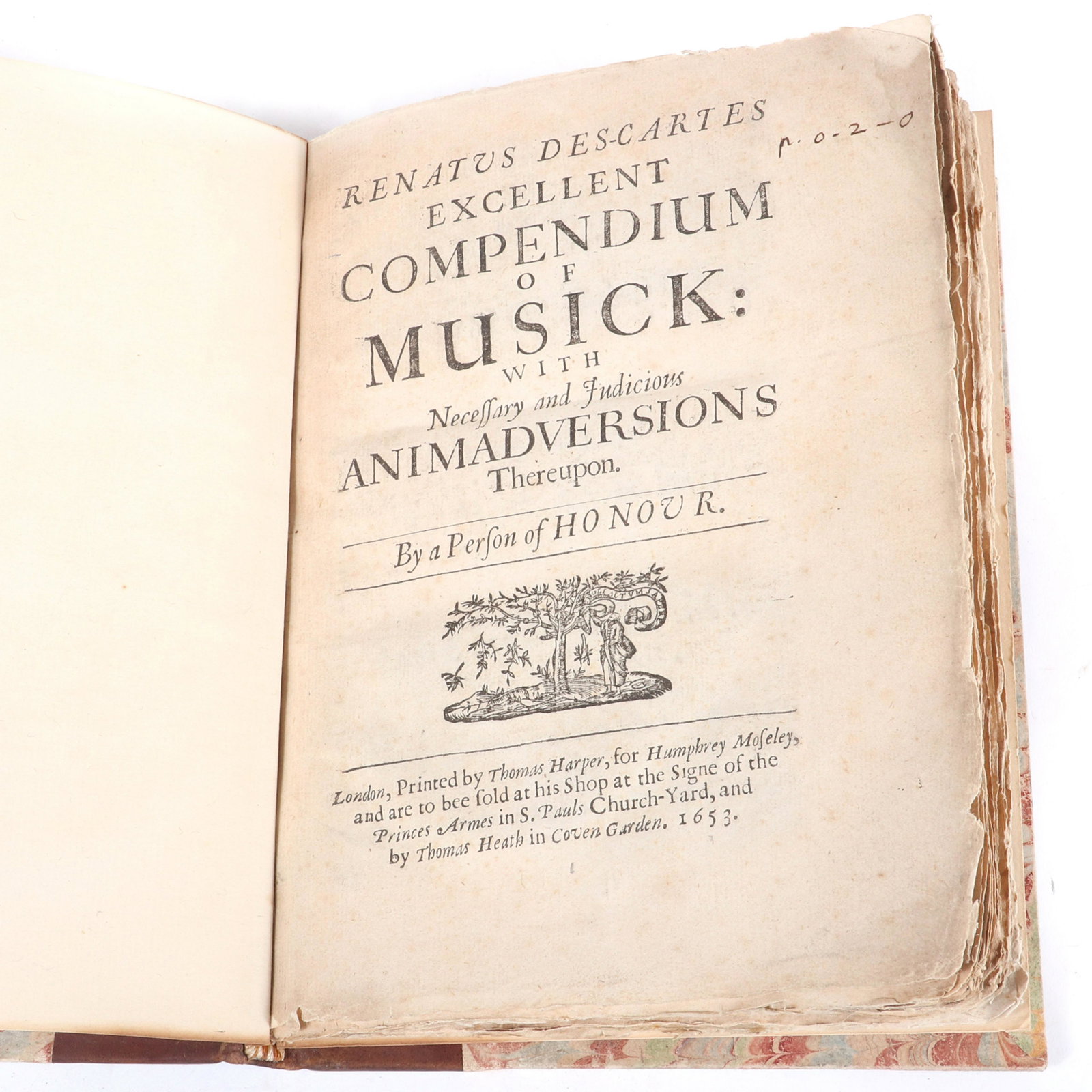 Renatus Des-Cartes Excellent Compendium of Musick with: Renatus Des-Cartes Excellent Compendium of Musick with Necessary and Judicious Animadversions Thereupon. By a Person of Honour. London, 1653. From the personal collection of Maestro Raymond Leppard (1