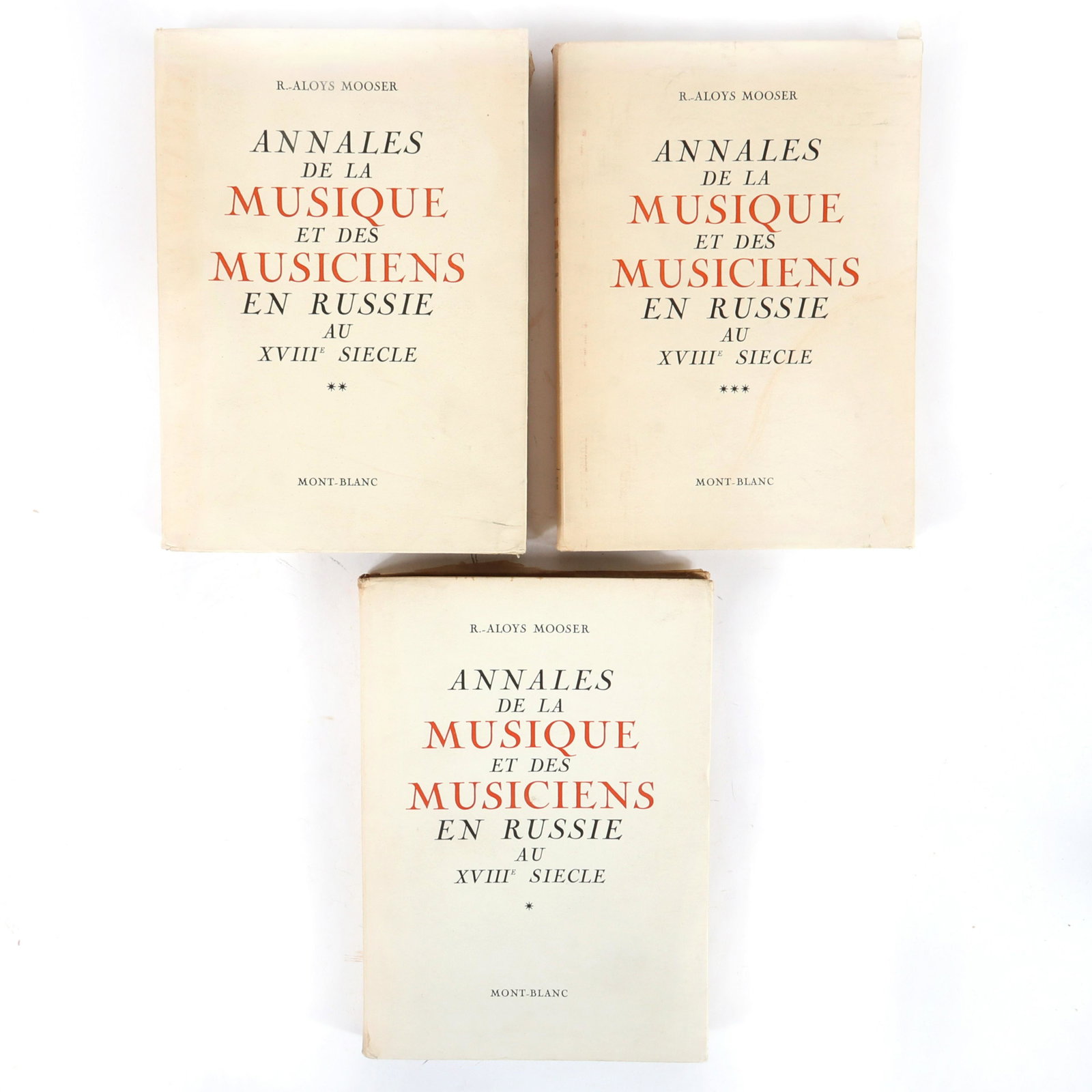 R. Aloys Mooser, Annales De La Musique et des Musiciens: R. Aloys Mooser, Annales De La Musique et des Musiciens en Russie Au XVIIIe Siecle, Mont-Blanc, 1946, three volume set. From the personal collection of Maestro Raymond Leppard (1927-2019). Tome I, Des