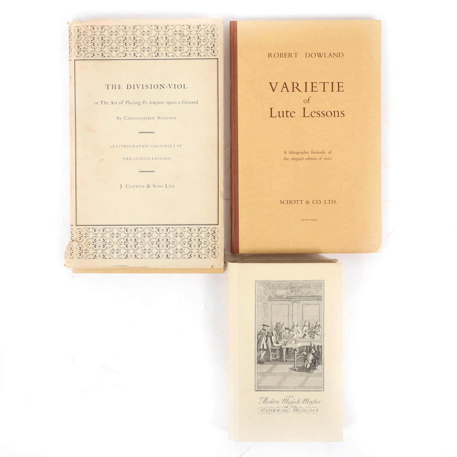 Three music books and scores: The Division-Viol,: Three music books and scores: The Division-Viol, Christopher Simpson, Limited Edition 132/750, The Modern Musick-Master or the Universal Musician, Peter Prelleur, 1965 From the personal collection of 