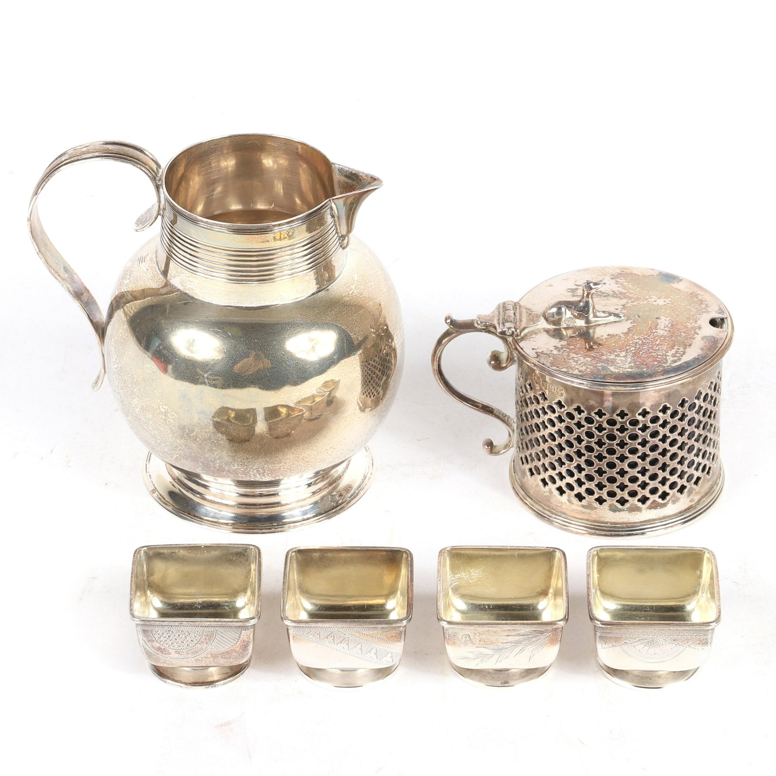 Victorian sterling silver grouping; 4 Gorham Aesthetic: Victorian sterling silver grouping; 4 Gorham Aesthetic individual salts, English cream pitcher and cobalt glass lined mustard pot with figural dog lid finial, London Hallmarks ca.1880s. From the perso