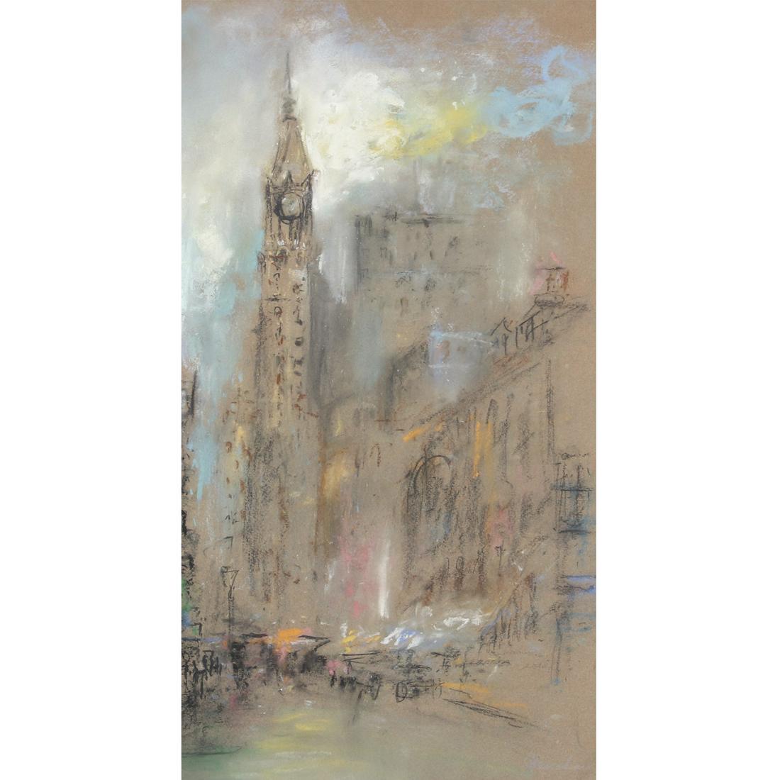 Glenn Cooper Henshaw (American, 1880-1946) Gothic Clock: Glenn Cooper Henshaw (American, 1880-1946) Gothic Clock Tower Evening City Scene, possibly Philadelphia City Hall Building pastel on paper From the personal collection of Maestro Raymond Leppard (1927