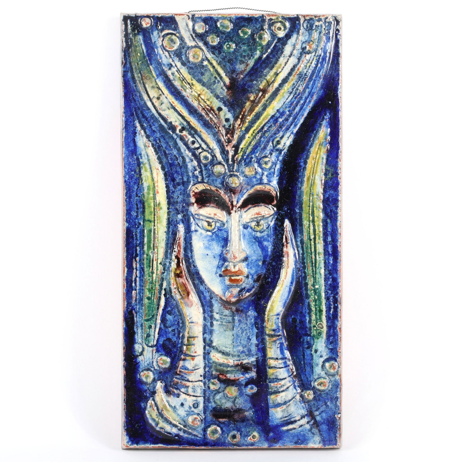 Karlsruhe German modernist majolica art pottery tile: Karlsruhe German modernist majolica art pottery tile plaque featuring an ethereal figure in relief with gloss glaze. Impressed mark with 7871. 17"H x 8 3/4"W