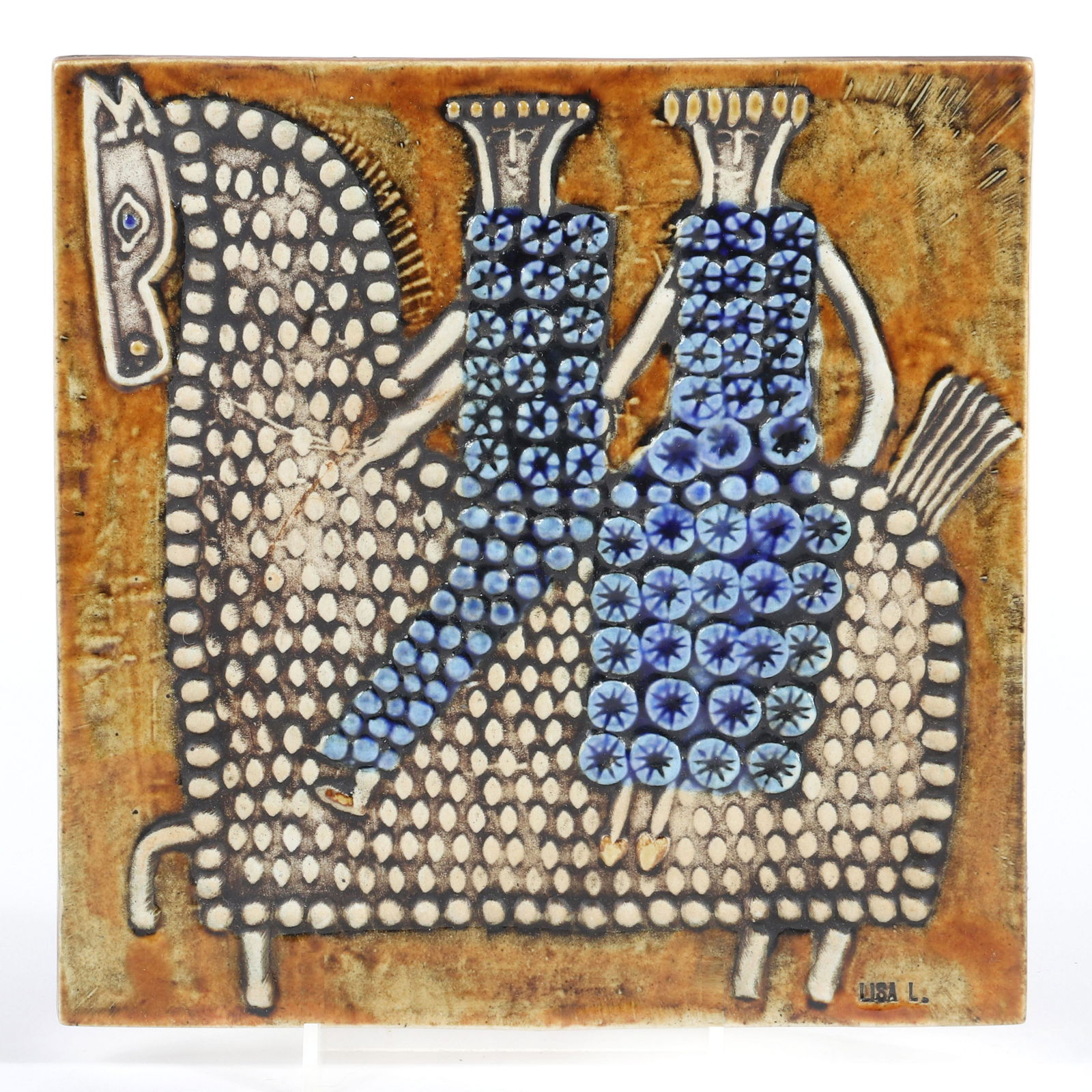 Lisa Larson art pottery tile for Gustavsberg, Sweden.: Lisa Larson art pottery tile for Gustavsberg, Sweden. Swedish ceramic tile hand painted with two stylized Royal figures on horseback, impressed Lisa 9"H x 9"W
