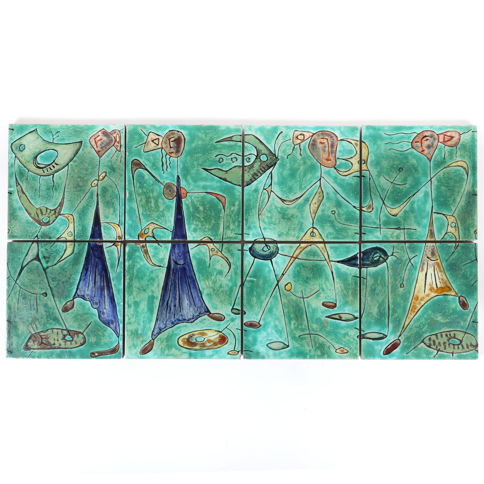Modernist Surrealist abstract figural 8pc. hand painted: Modernist Surrealist abstract figural 8pc. hand painted Italian ceramic tile frieze, signed M. Colvecio verso. Mid Century modern work featuring multiple figures and shapes on blue ground on an 8 tile
