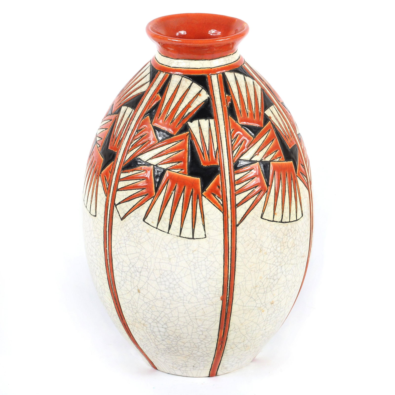 Boch La Louviere, Belgium Art Deco Modern LARGE ceramic: Boch La Louviere, Belgium Art Deco Modern LARGE ceramic vase with panels containing orange and black scattered fan pattern on white ground. 12"H