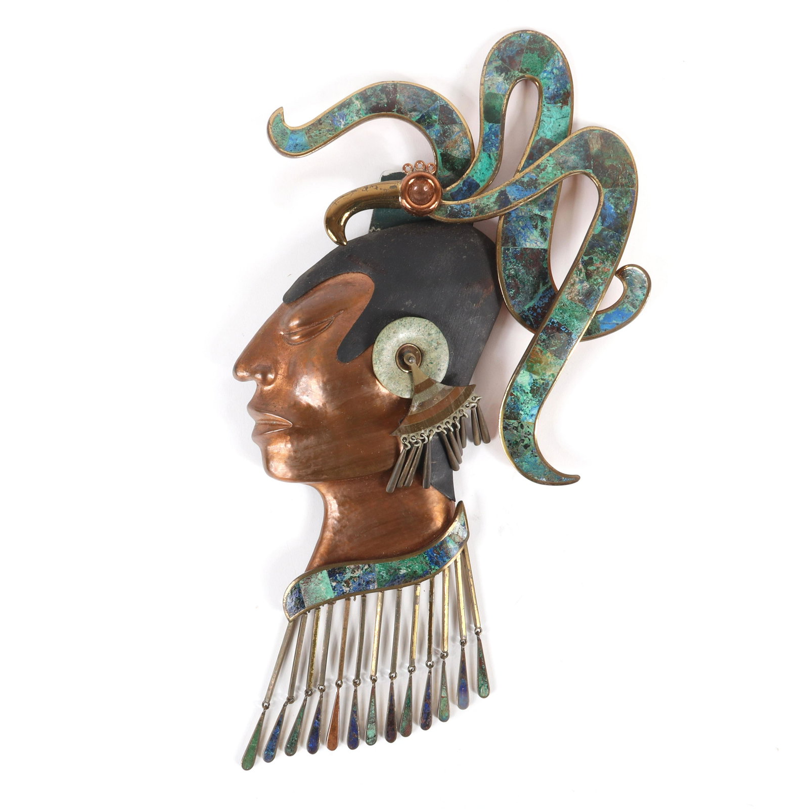 Los Castillo Taxco Mexican modernist mixed metal inlaid: Los Castillo Taxco Mexican modernist mixed metal inlaid tribal head wall sculpture with headdress in silver, copper, and brass with turquoise inlay. Marked on back of earring. 14"H x 8"W