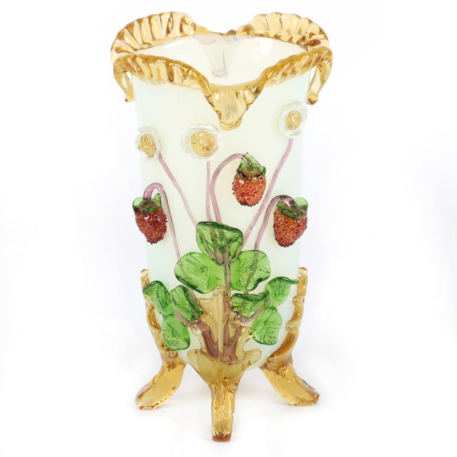 Stevens and Williams yellow opalescent American art: Stevens and Williams yellow opalescent American art glass vase with amber pulled rim and four feet, with applied red strawberries, green leaves and white flowers. 11"H