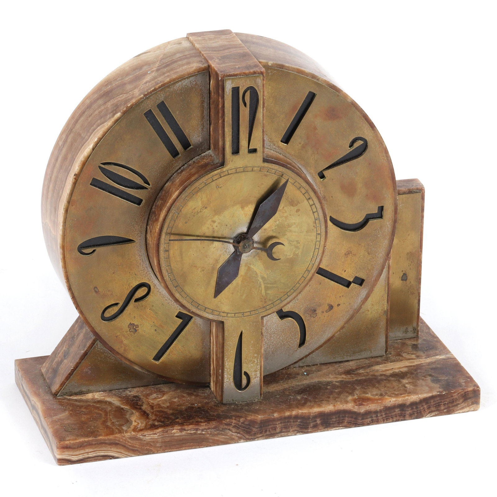 French Art Deco marble mantle clock with cut-out bronze: French Art Deco marble mantle clock with cut-out bronze overlay stylized number display. Clock works have been removed. 9"H x 10"W x 4/14"D
