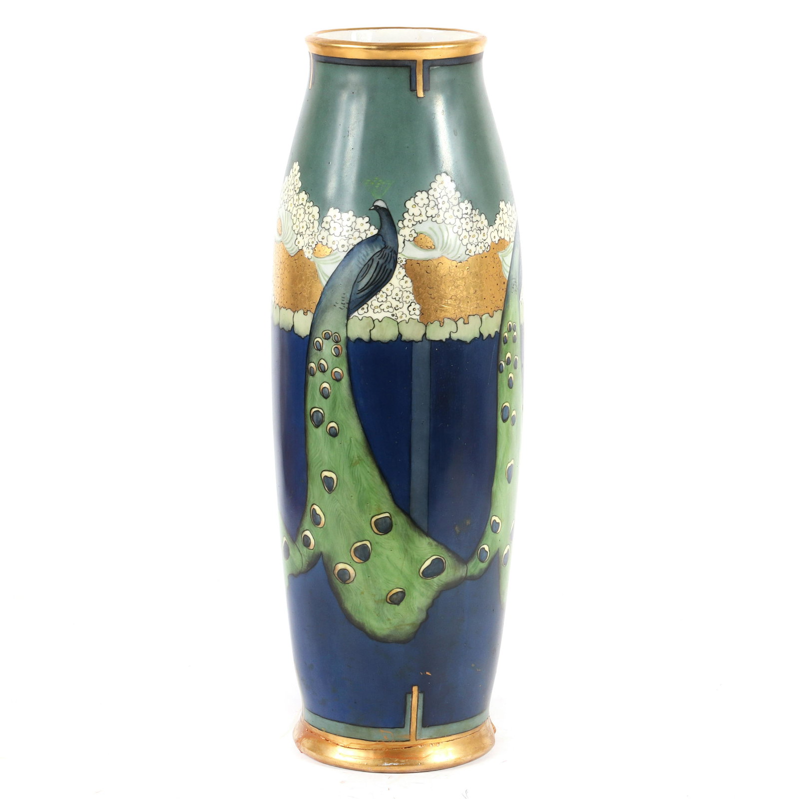 AS IS Monumental hand painted Tressemanes & Vogt T&V: AS IS Monumental hand painted Tressemanes & Vogt T&V Limoges French Art Nouveau peacock vase. Monumental Tressemanes & Vogt Limoges porcelain peacock vase. Hand painted floor vase decorated with peaco