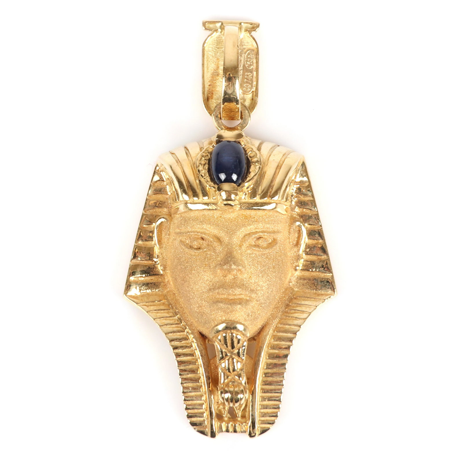 Egyptian Revival stamped 750 18K yellow gold Pharaoh: Egyptian Revival stamped 750 18K yellow gold Pharaoh Sarcophagus figural pendant head of King Tut with dark sapphire cabochon, textured and polished surface, and openwork hieroglyph decoration on back