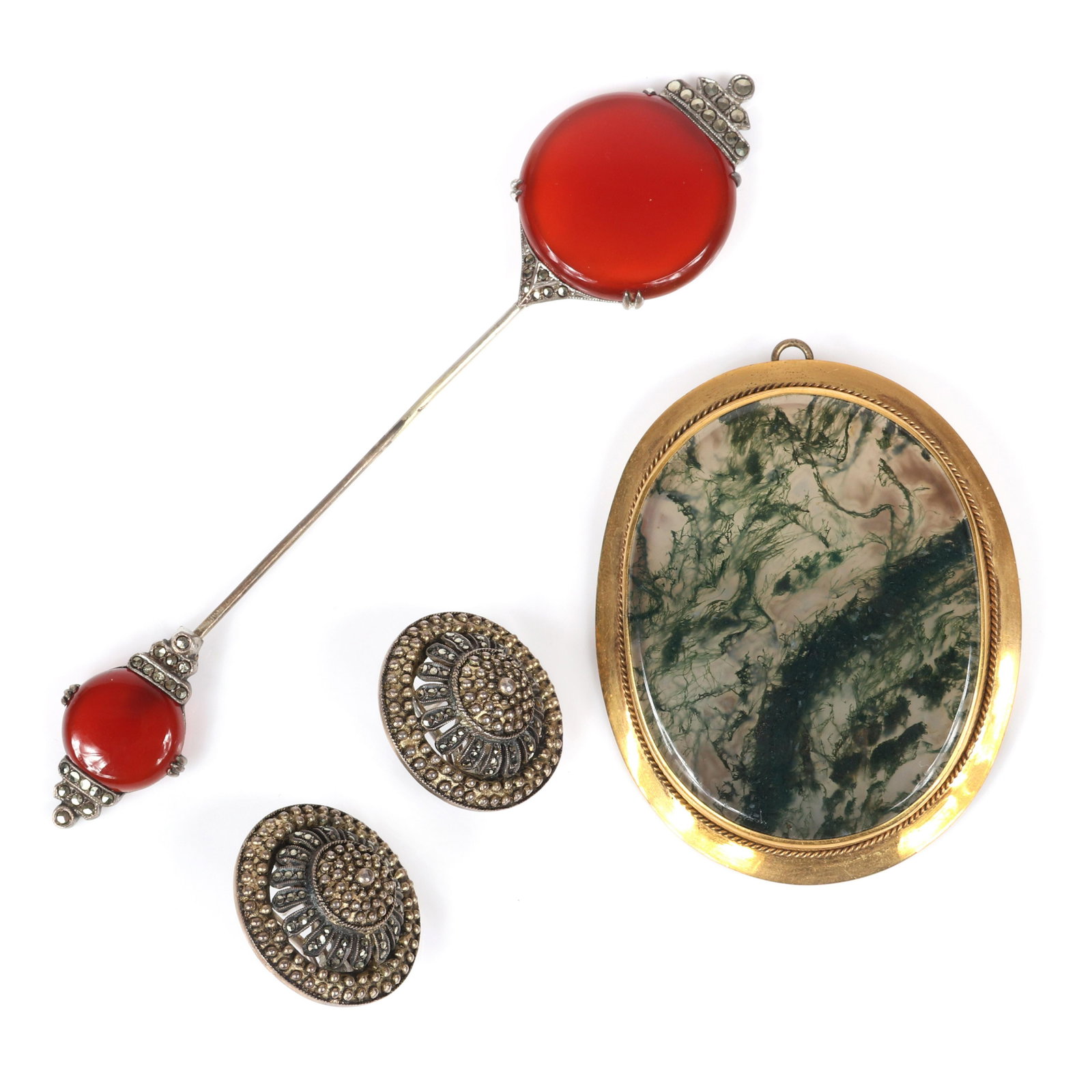 Art Deco group: marcasite and brass domed wheel: Art Deco group: marcasite and brass domed wheel earrings, large moss agate pin pendant, carnelian and marcasite hat pin. 2 1/2"H (pendant), 1"diam, (pin)