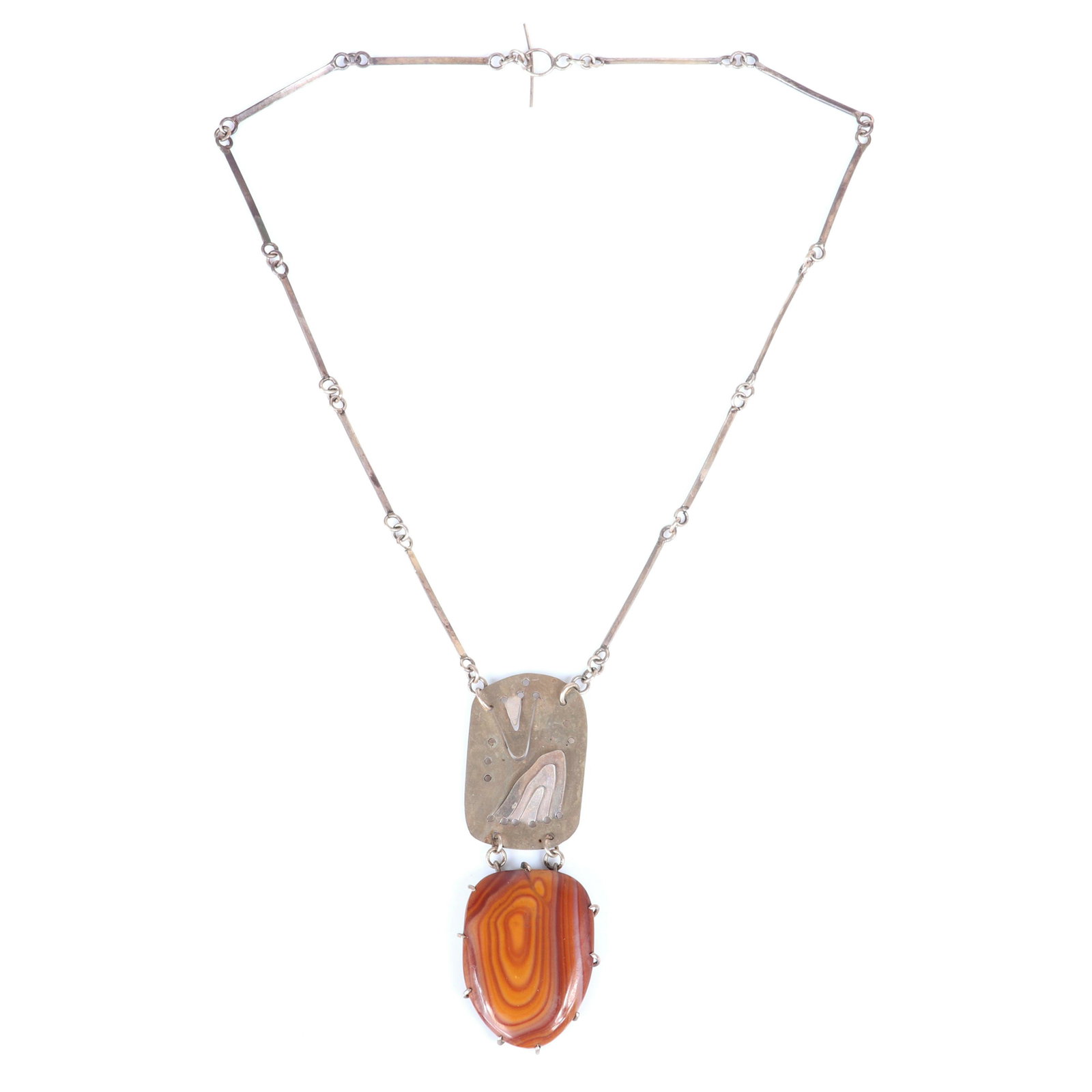 Mildred Ball American Modernist sterling silver: Mildred Ball American Modernist sterling silver necklace and pendant with metal-worked disk and brown stone drop, with handmade bar and link chain and toggle clasp. Ball was a Mid-Century jeweler, ena